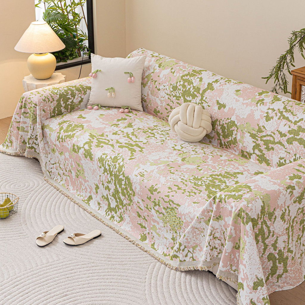 Chenille Throw Blanket Sofa Cover, Abstract Watercolor Couch Cover with Tassel Fringe