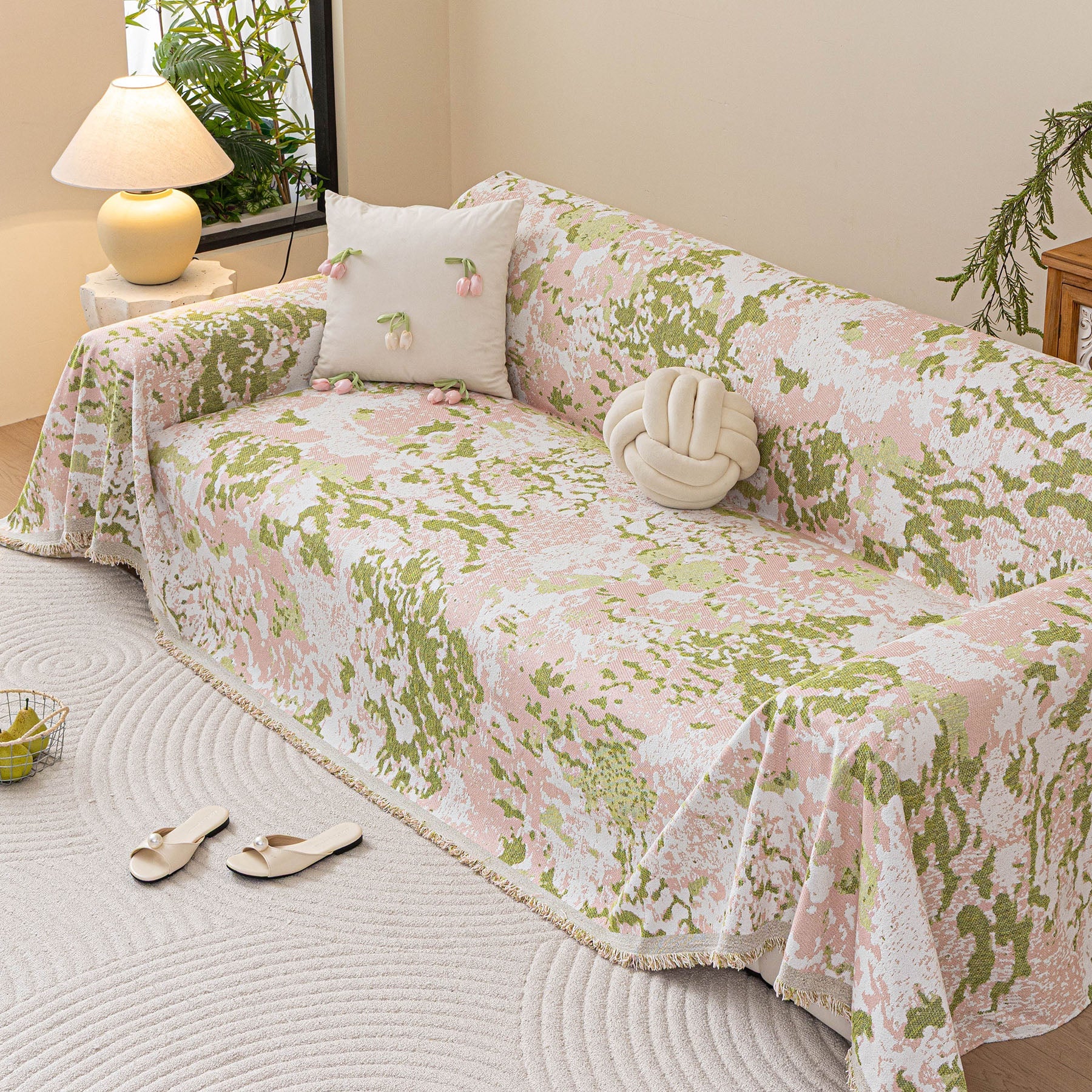 Chenille Throw Blanket Sofa Cover, Abstract Watercolor Couch Cover with Tassel Fringe