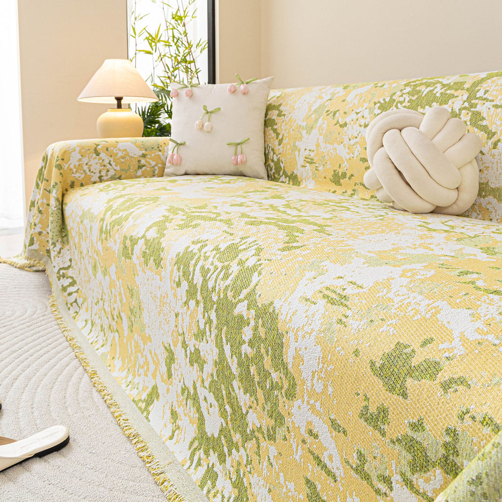 Chenille Throw Blanket Sofa Cover, Abstract Watercolor Couch Cover with Tassel Fringe