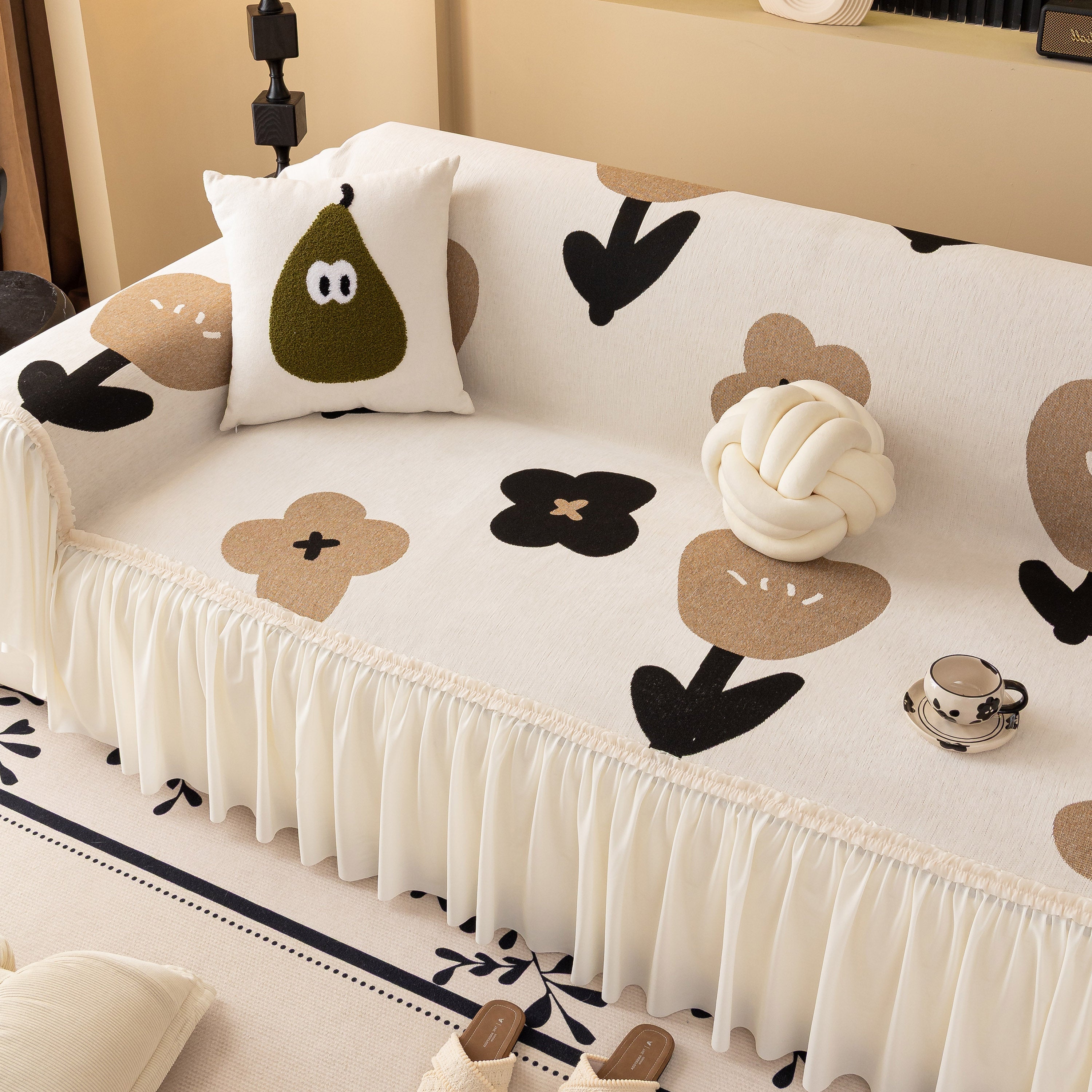 Retro Floral Sofa Cover with Sheer Ruffle Skirt, Decorative Sofa Protector Cover