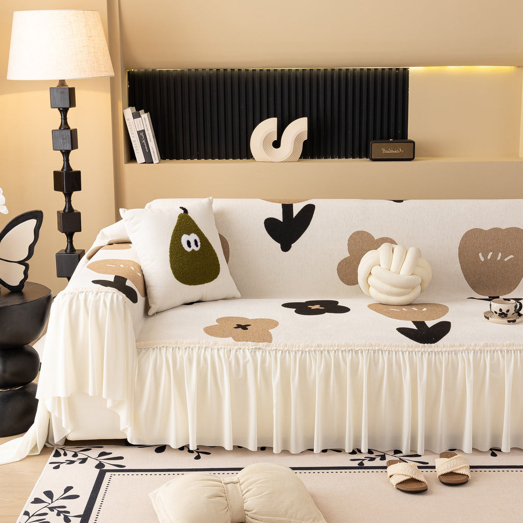 Retro Floral Sofa Cover with Sheer Ruffle Skirt, Decorative Sofa Protector Cover