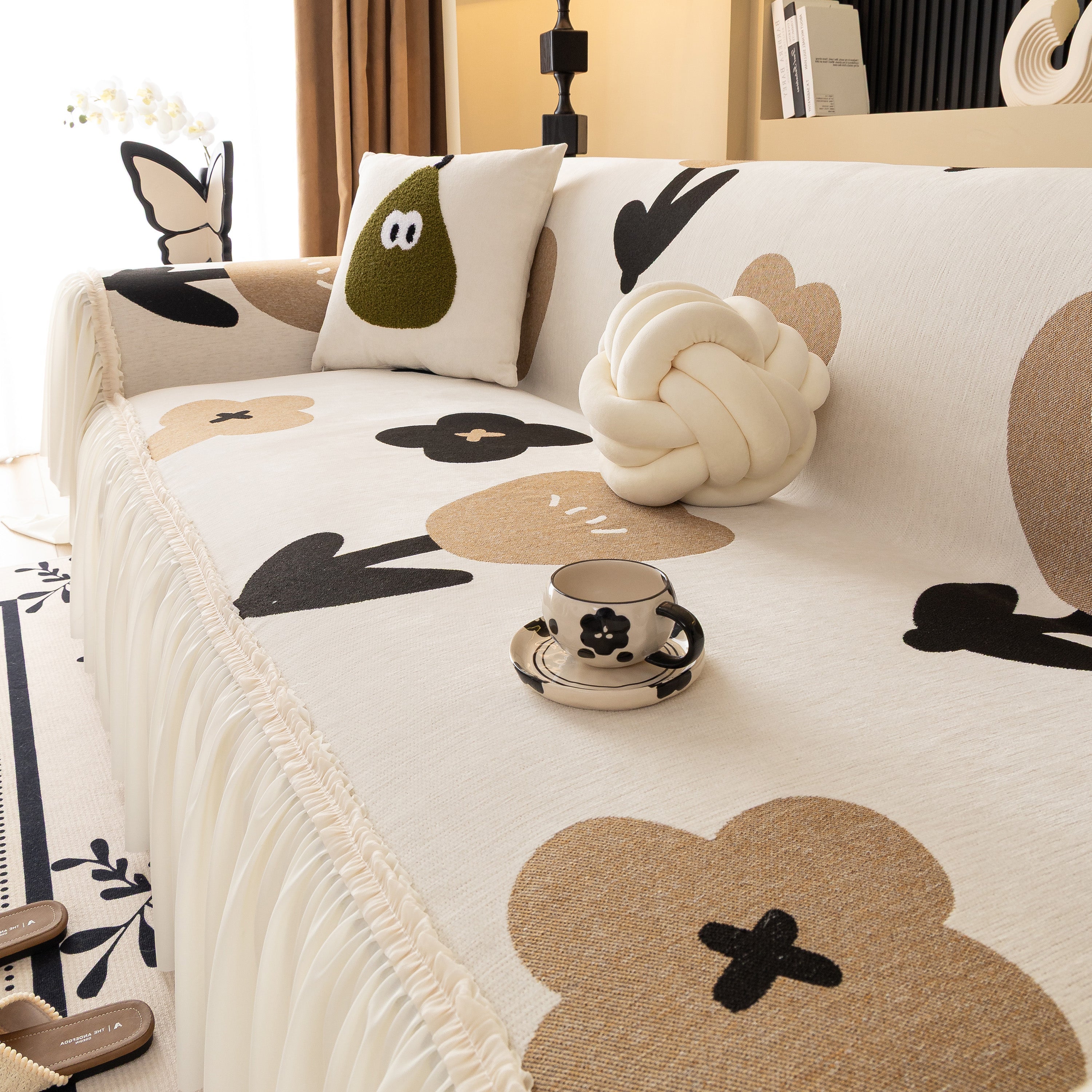 Retro Floral Sofa Cover with Sheer Ruffle Skirt, Decorative Sofa Protector Cover