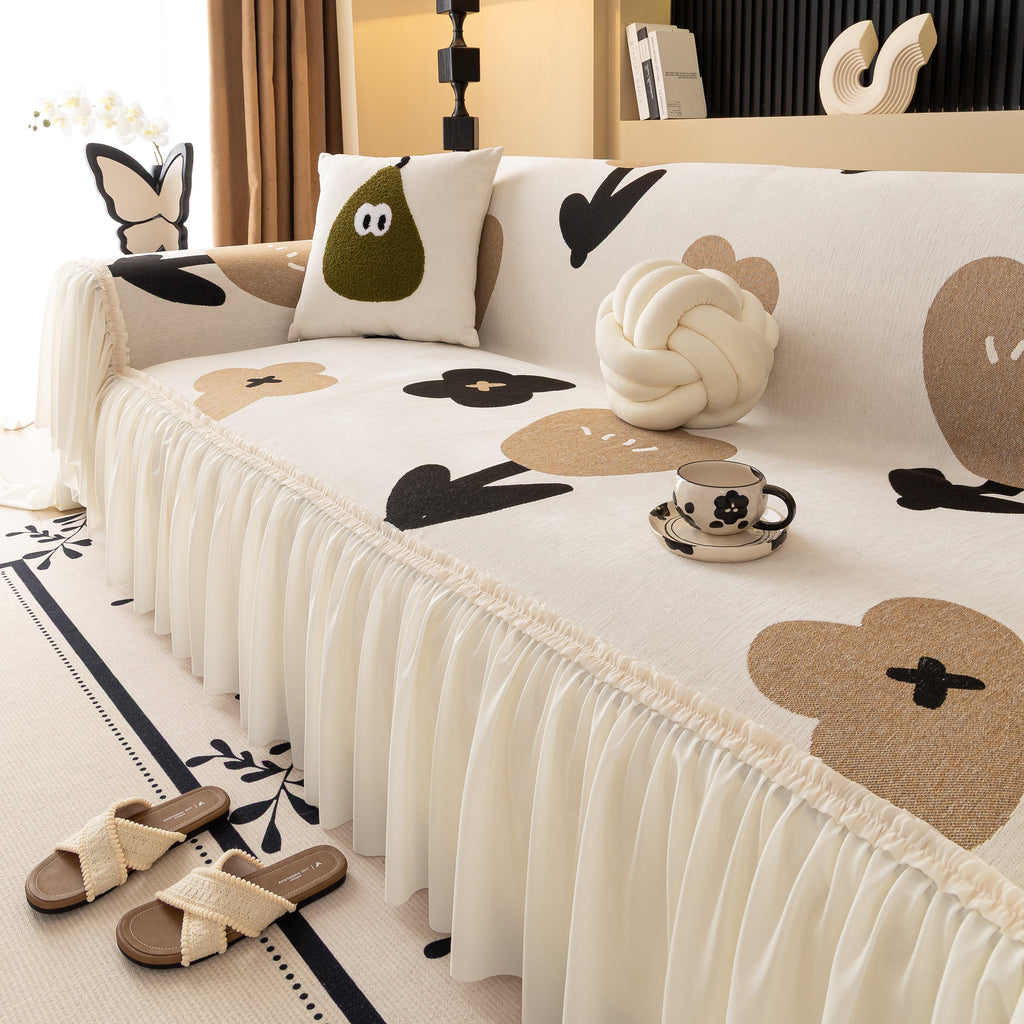 Retro Floral Sofa Cover with Sheer Ruffle Skirt, Decorative Sofa Protector Cover