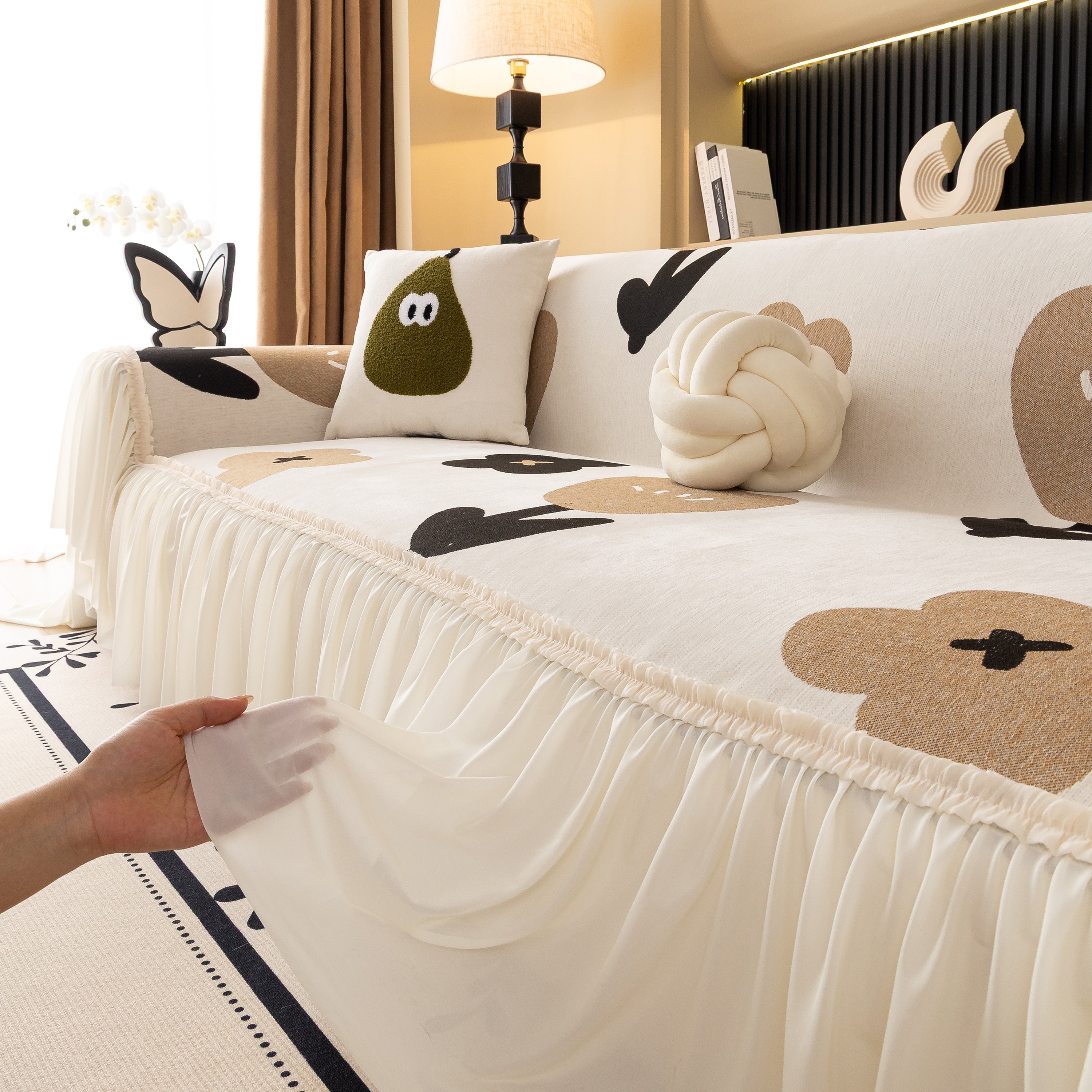 Retro Floral Sofa Cover with Sheer Ruffle Skirt, Decorative Sofa Protector Cover