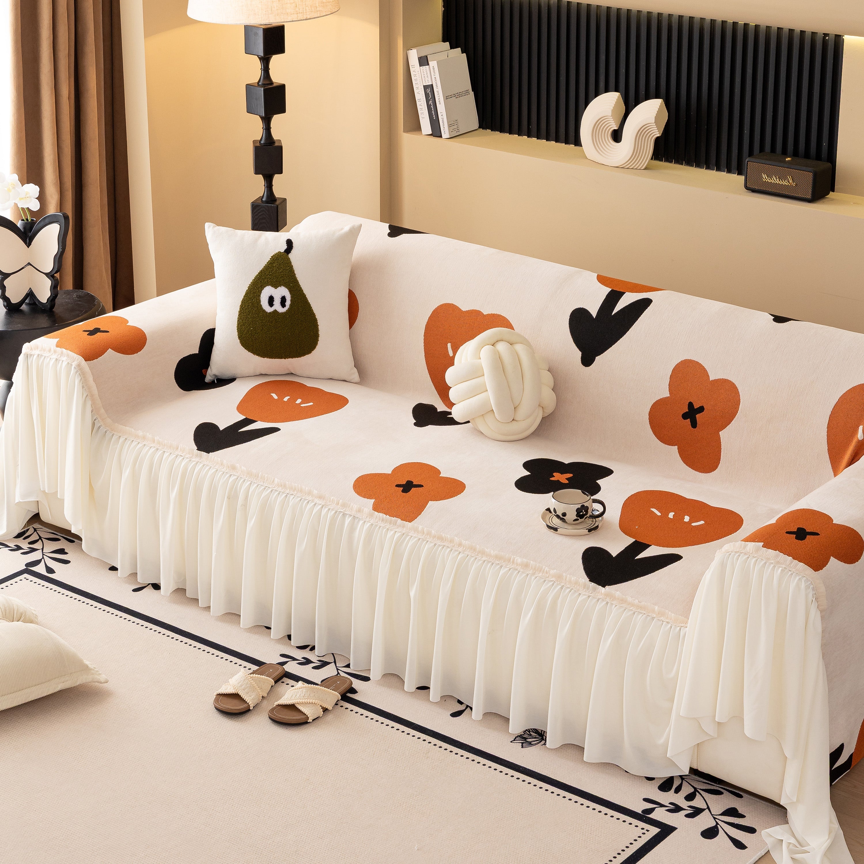 Retro Floral Sofa Cover with Sheer Ruffle Skirt, Decorative Sofa Protector Cover