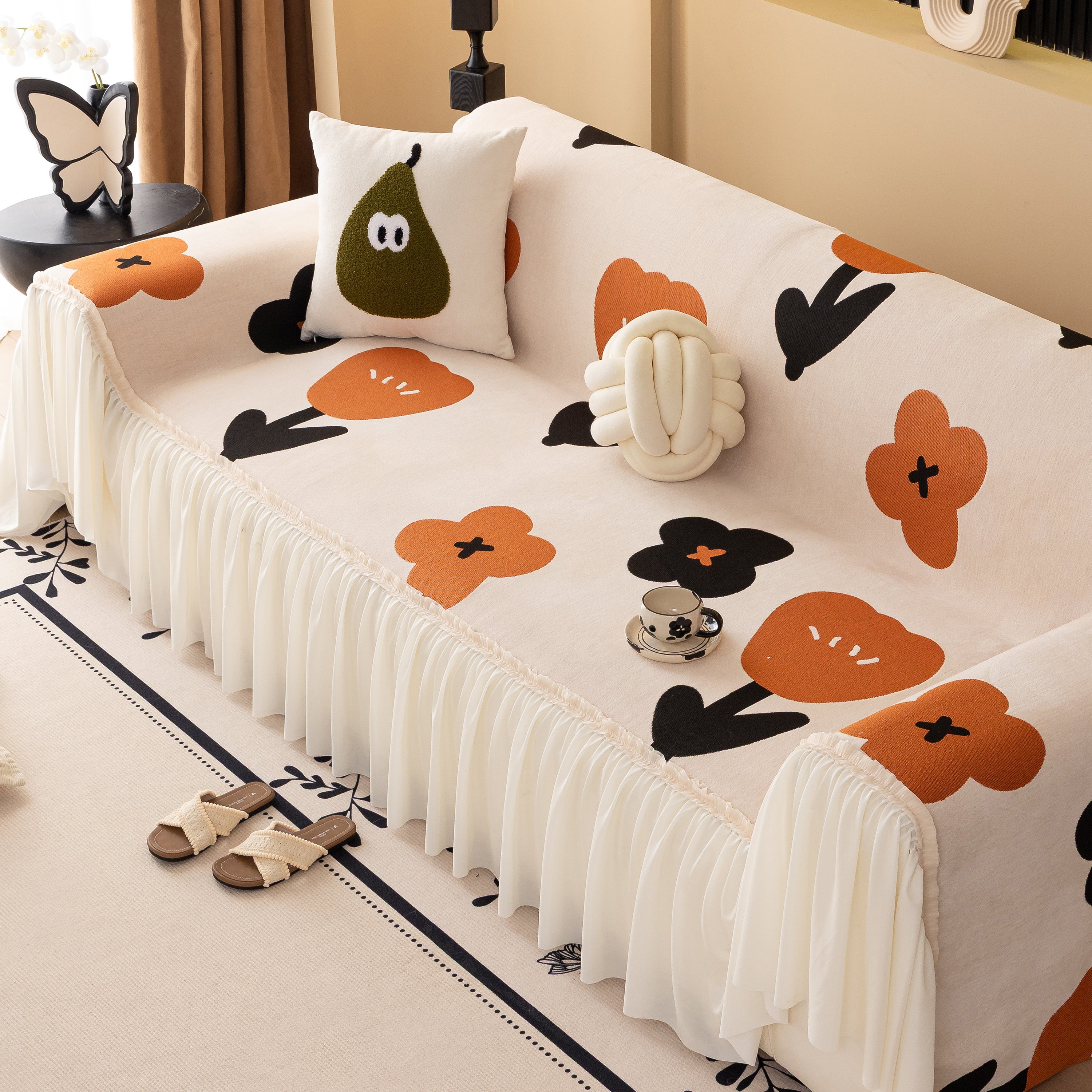 Retro Floral Sofa Cover with Sheer Ruffle Skirt, Decorative Sofa Protector Cover