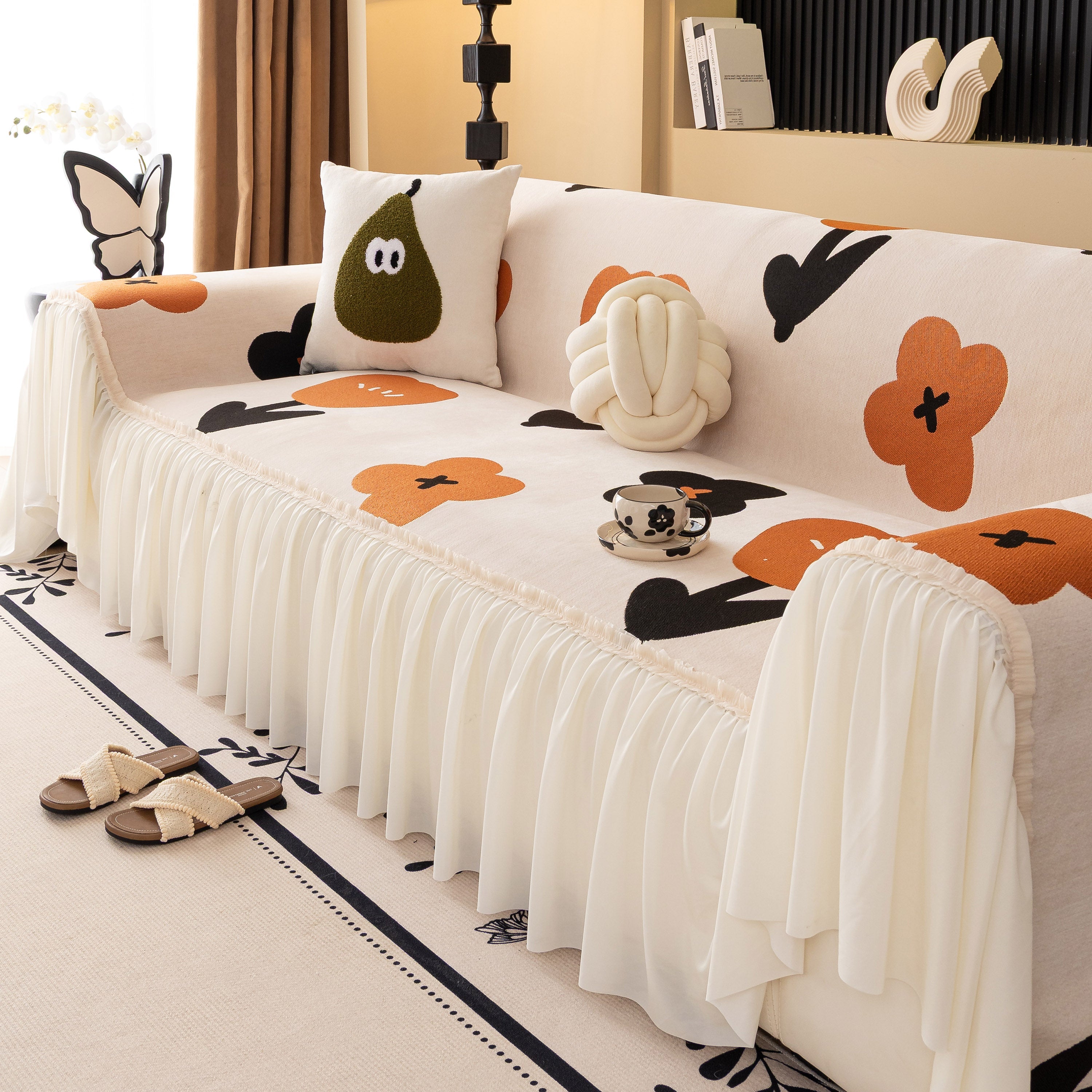 Retro Floral Sofa Cover with Sheer Ruffle Skirt, Decorative Sofa Protector Cover