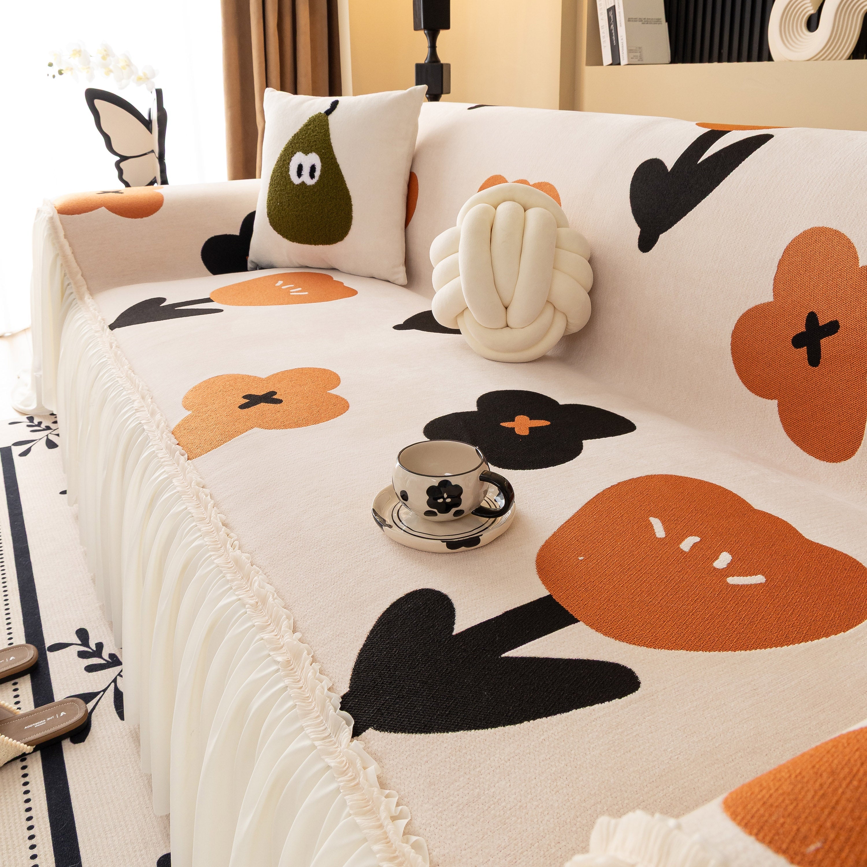 Retro Floral Sofa Cover with Sheer Ruffle Skirt, Decorative Sofa Protector Cover