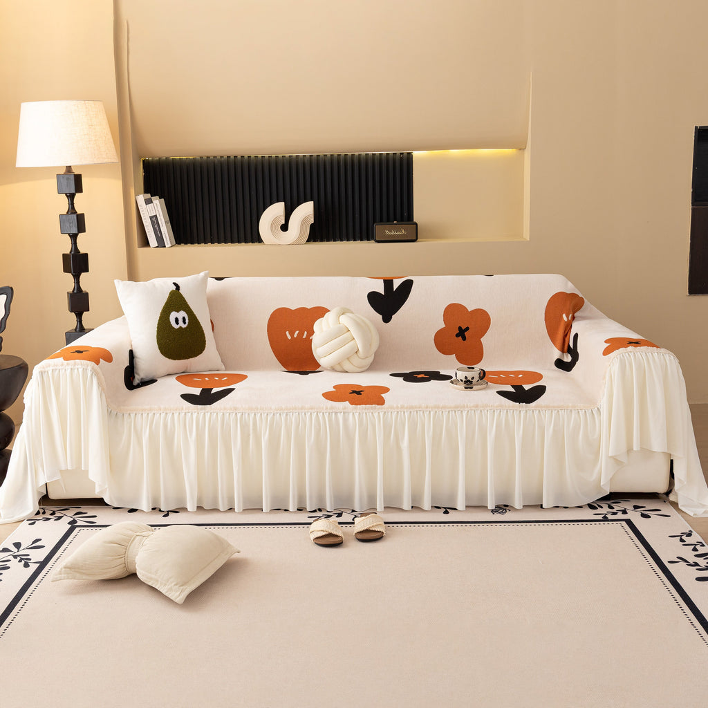 Retro Floral Sofa Cover with Sheer Ruffle Skirt, Decorative Sofa Protector Cover