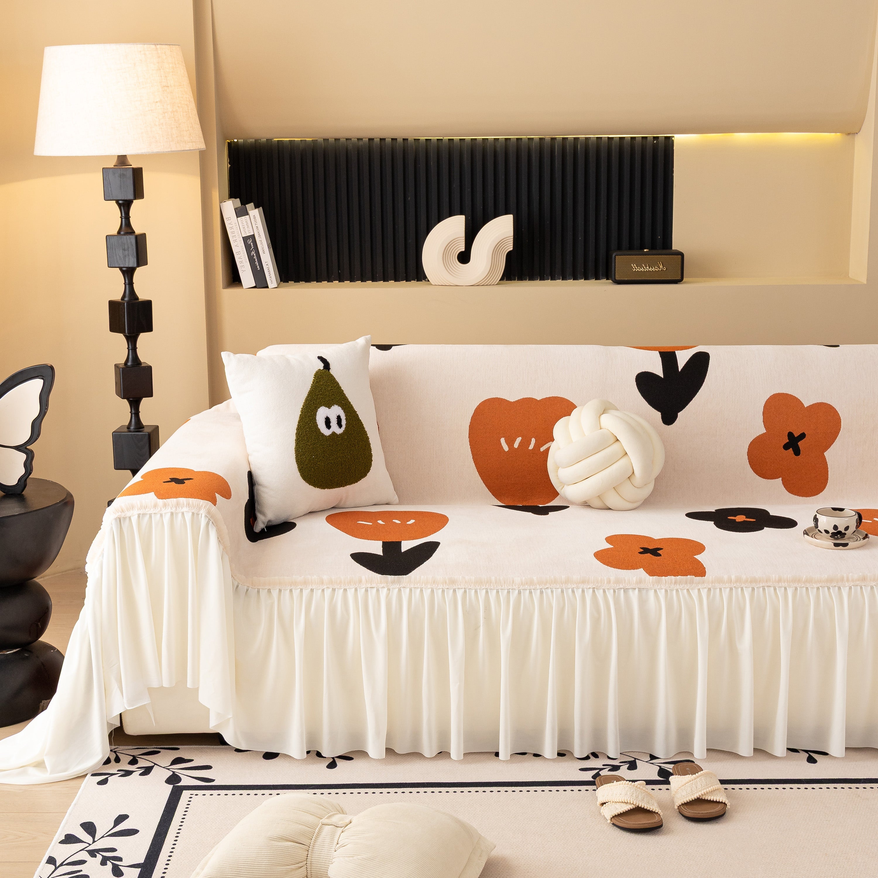 Retro Floral Sofa Cover with Sheer Ruffle Skirt, Decorative Sofa Protector Cover