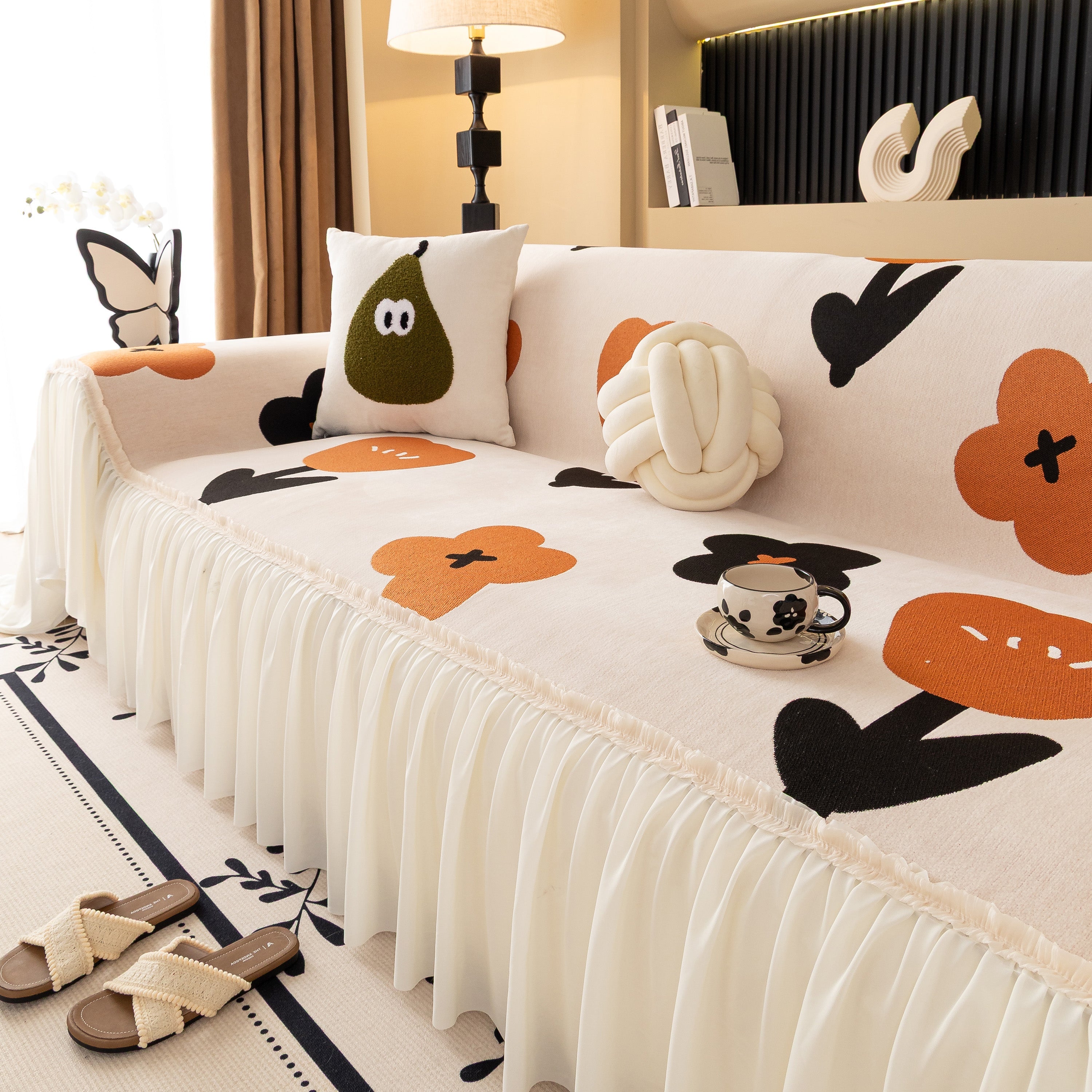 Retro Floral Sofa Cover with Sheer Ruffle Skirt, Decorative Sofa Protector Cover