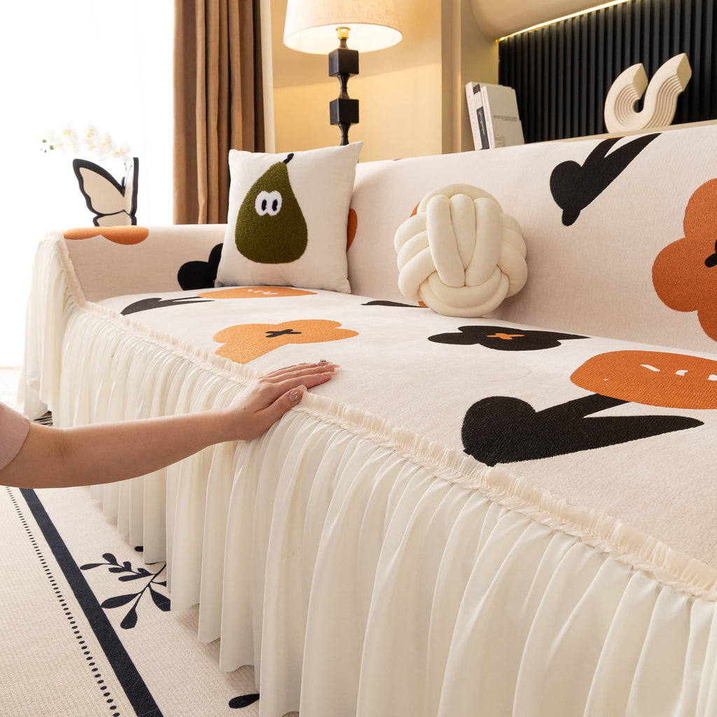 Retro Floral Sofa Cover with Sheer Ruffle Skirt, Decorative Sofa Protector Cover