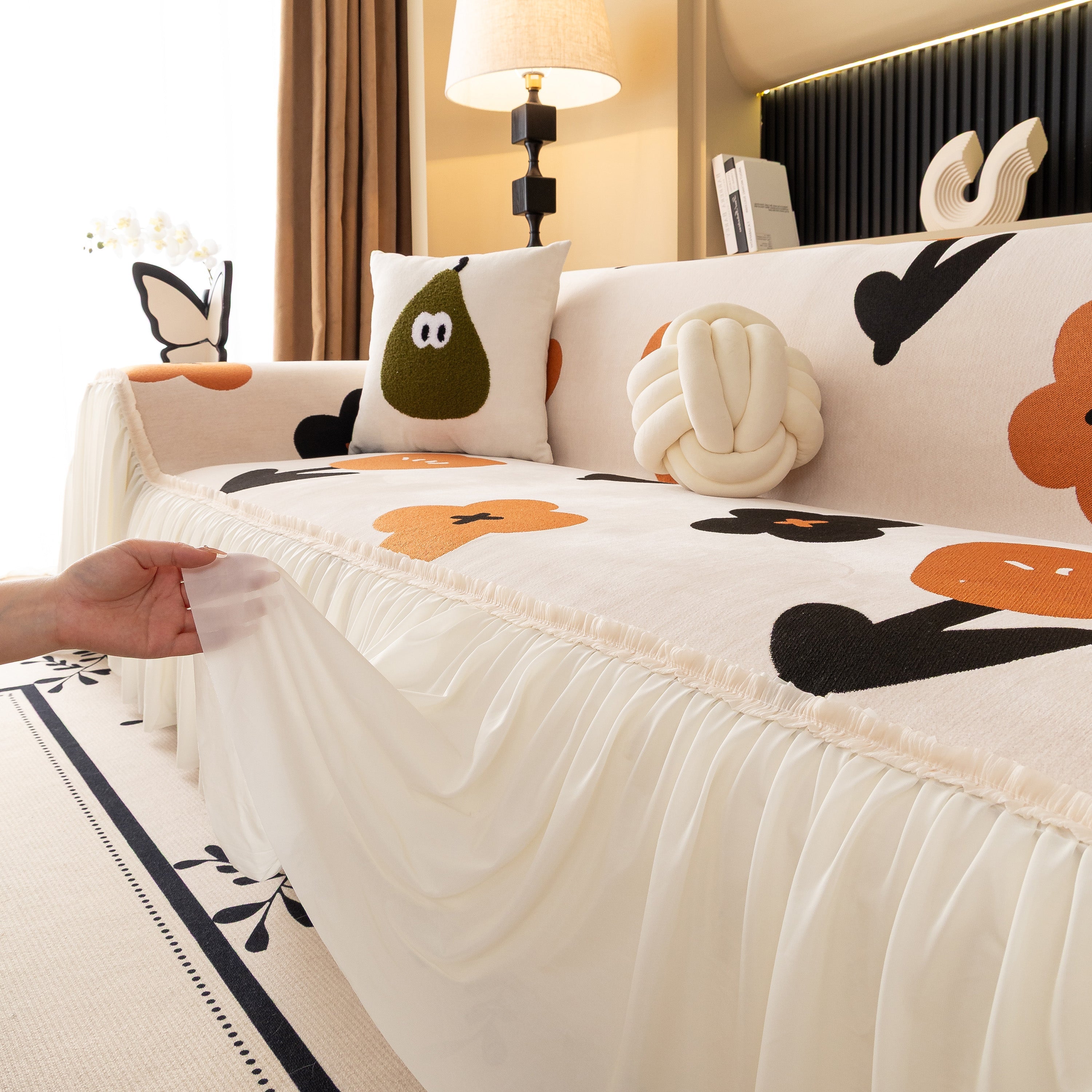 Retro Floral Sofa Cover with Sheer Ruffle Skirt, Decorative Sofa Protector Cover