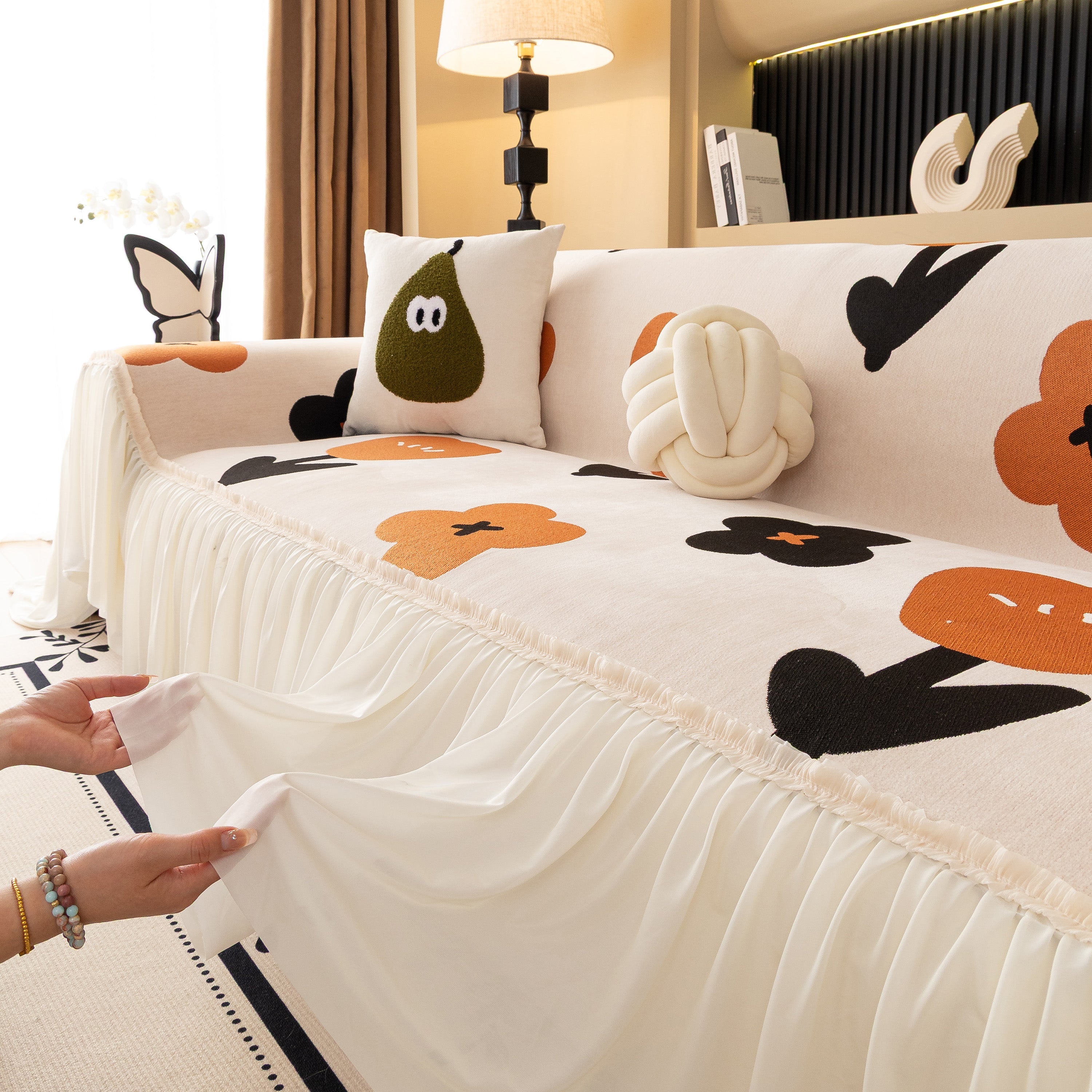 Retro Floral Sofa Cover with Sheer Ruffle Skirt, Decorative Sofa Protector Cover