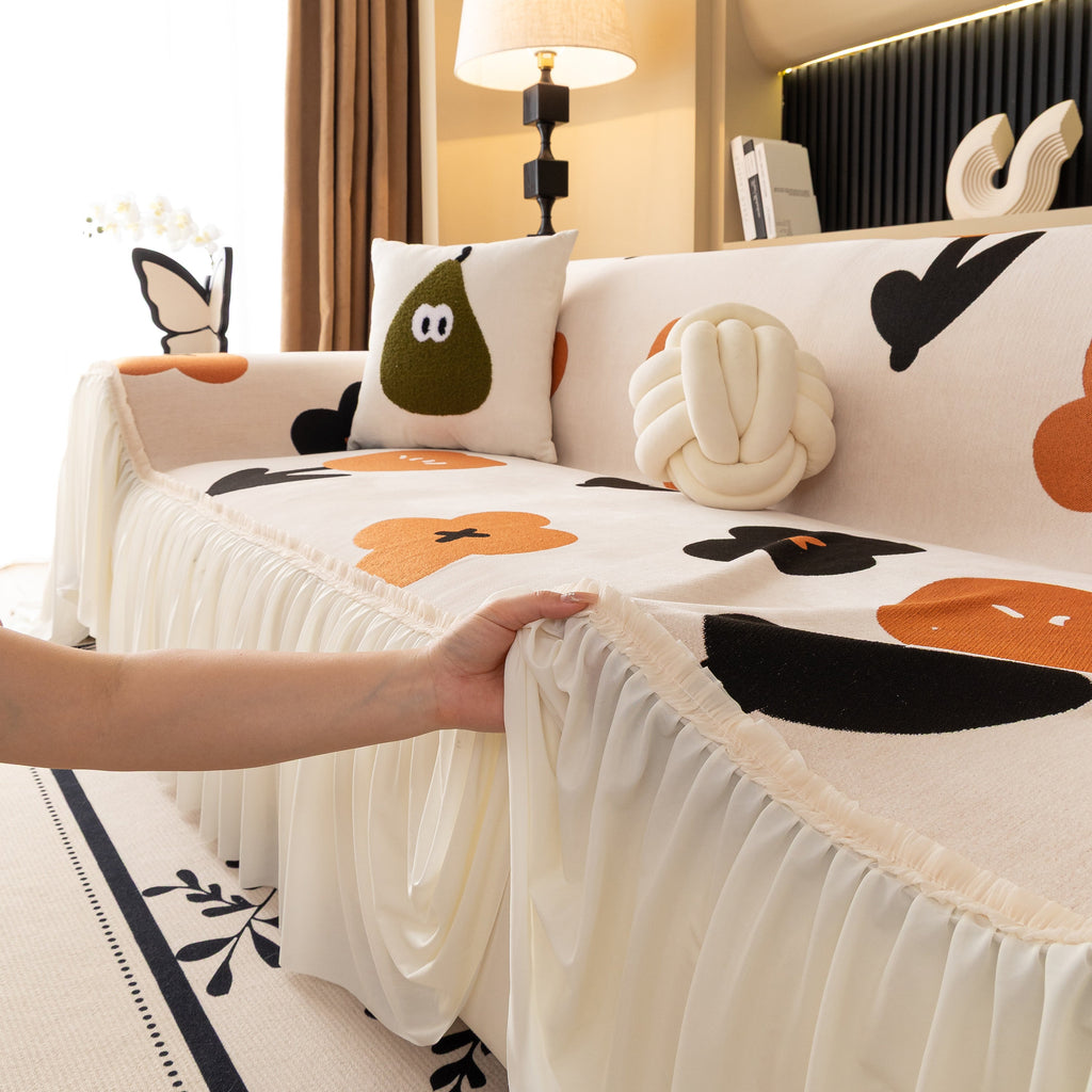 Retro Floral Sofa Cover with Sheer Ruffle Skirt, Decorative Sofa Protector Cover