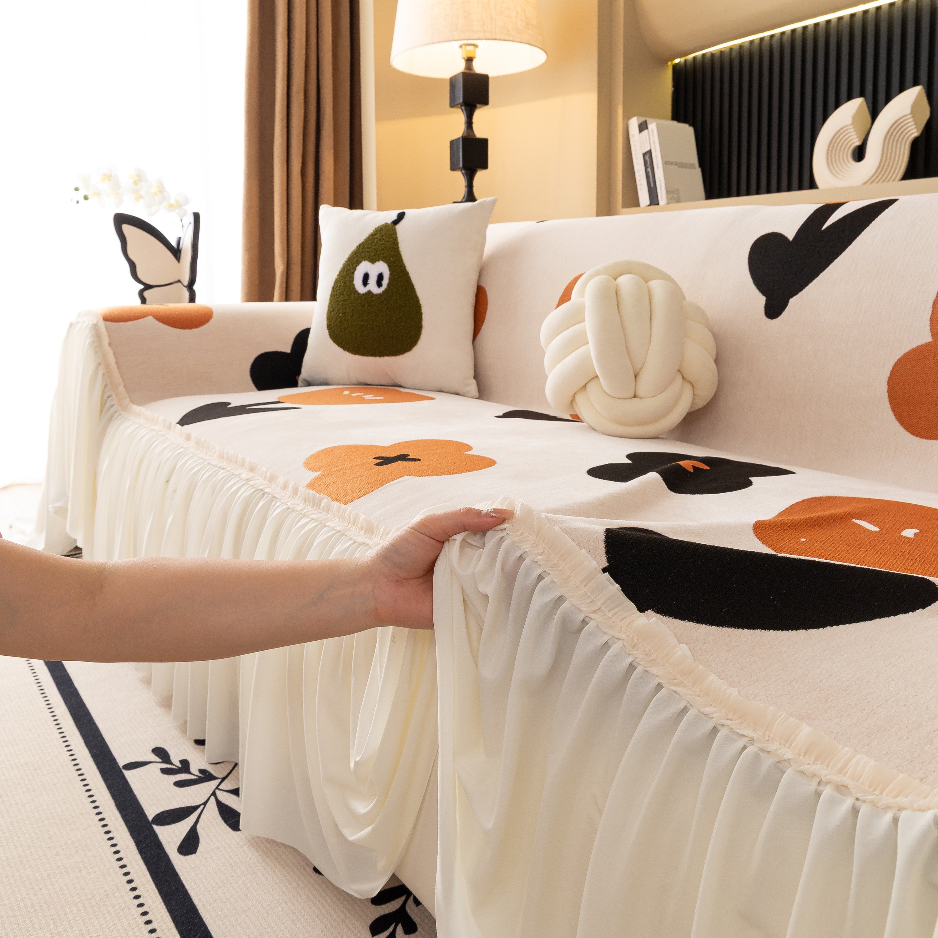 Retro Floral Sofa Cover with Sheer Ruffle Skirt, Decorative Sofa Protector Cover