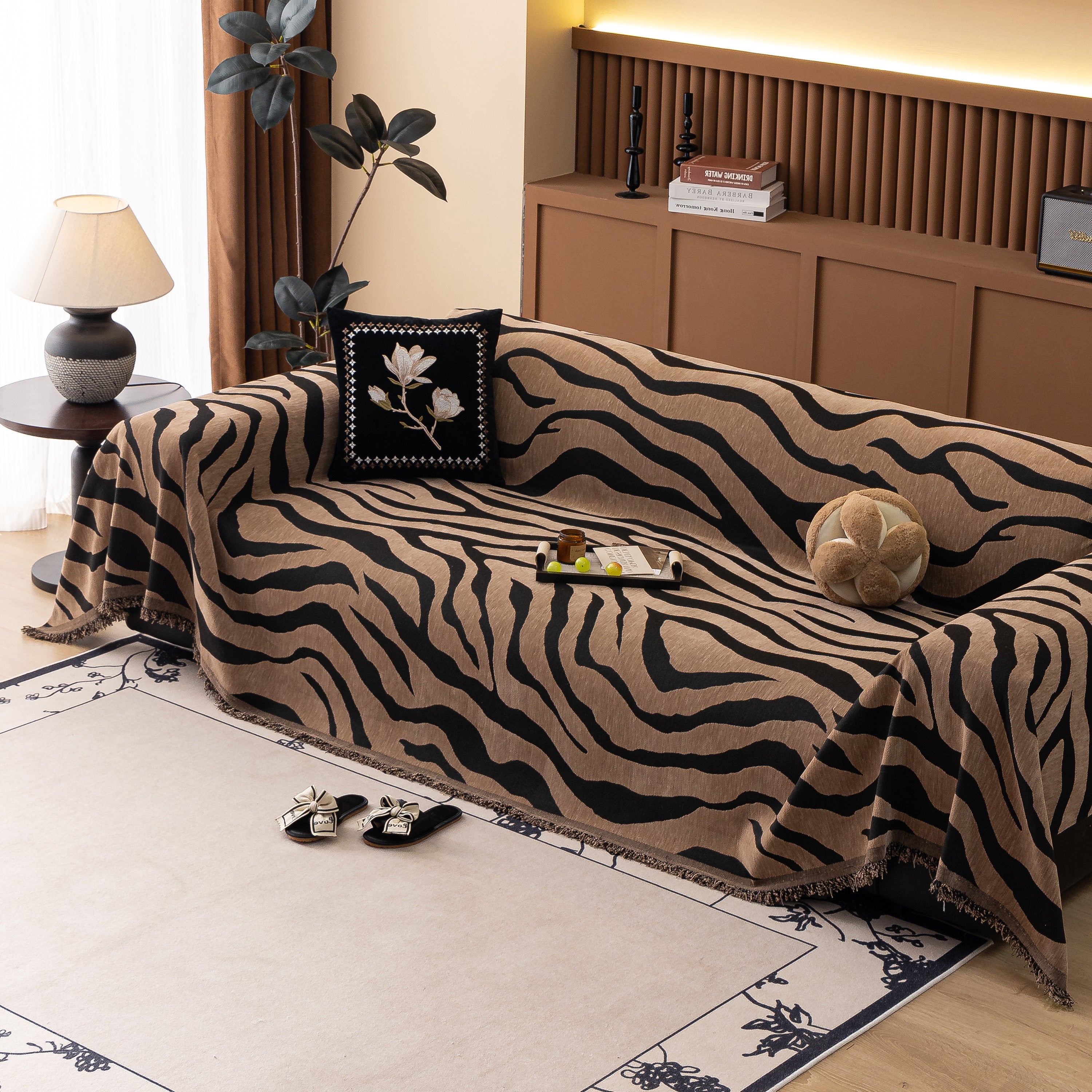 Zebra Striped Chenille Throw Sofa Cover Full-Cover Decorative Furniture Slipcover