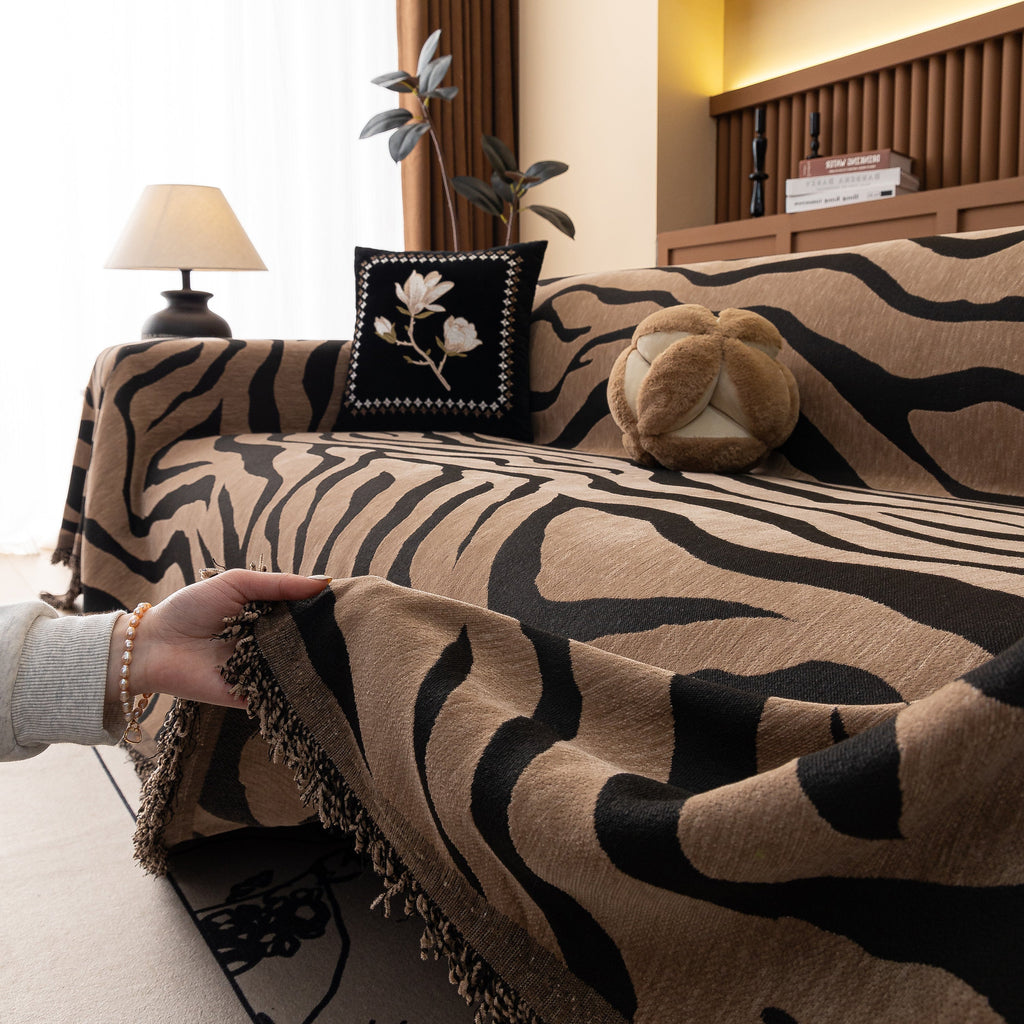 Zebra Striped Chenille Throw Sofa Cover Full-Cover Decorative Furniture Slipcover