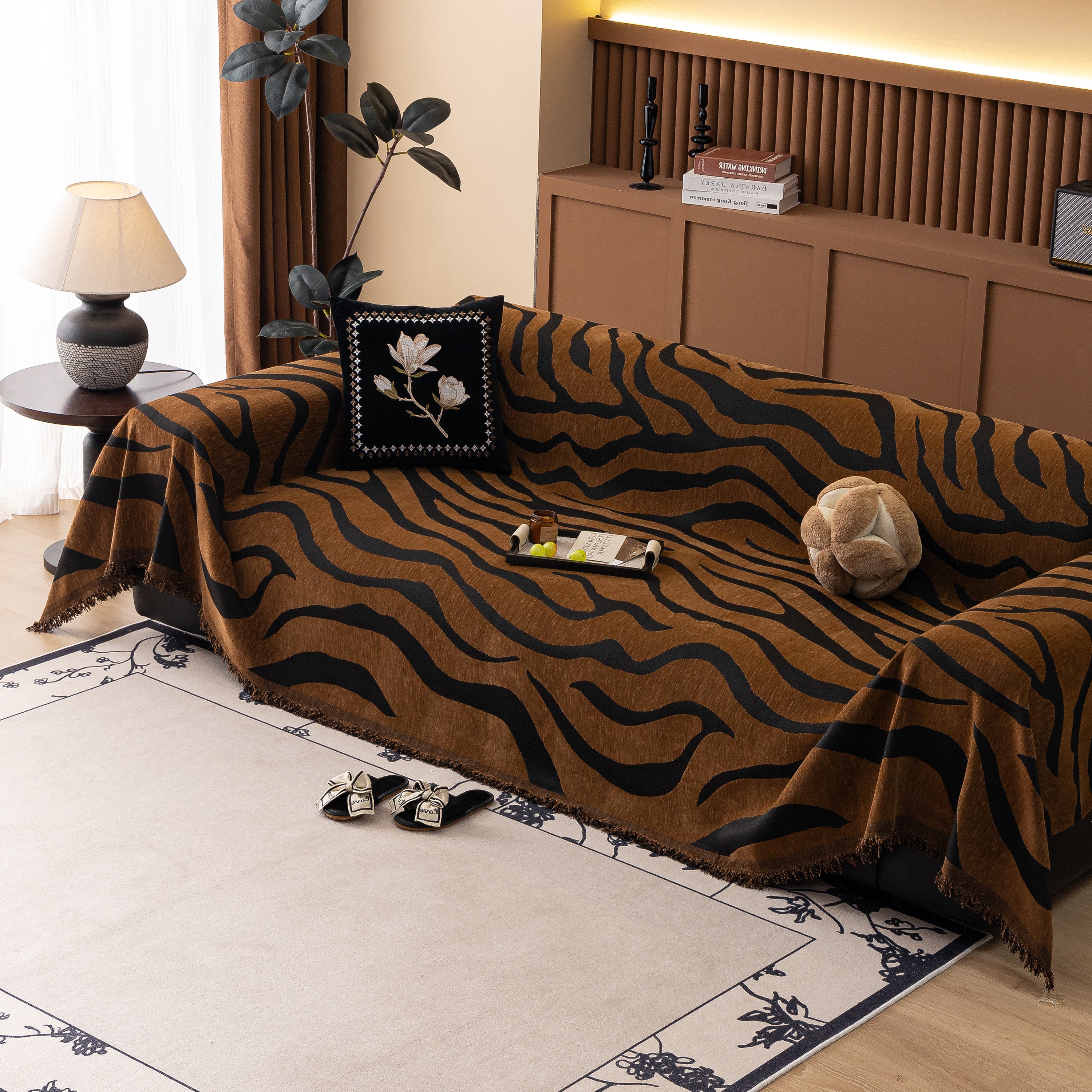 Zebra Striped Chenille Throw Sofa Cover Full-Cover Decorative Furniture Slipcover