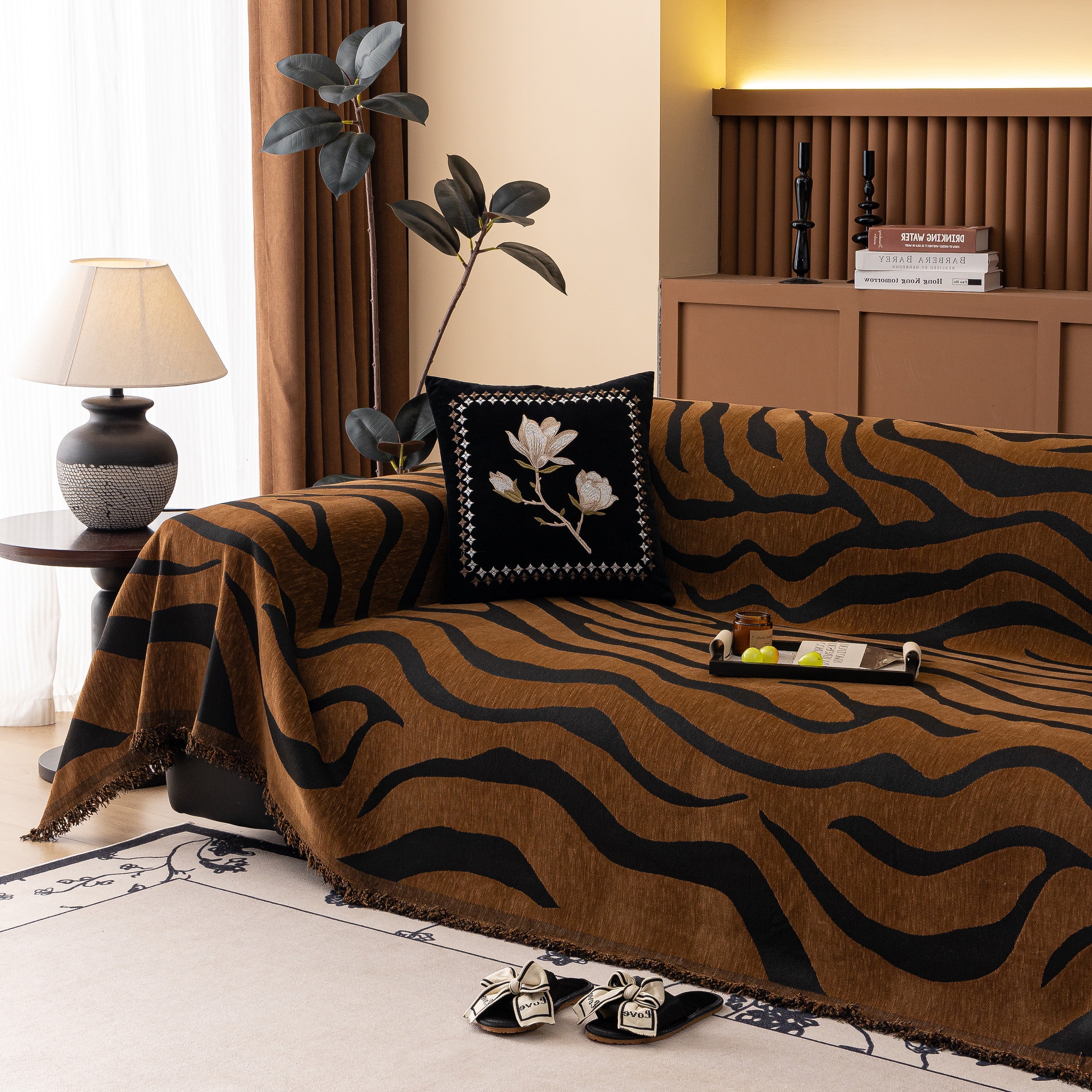 Zebra Striped Chenille Throw Sofa Cover Full-Cover Decorative Furniture Slipcover