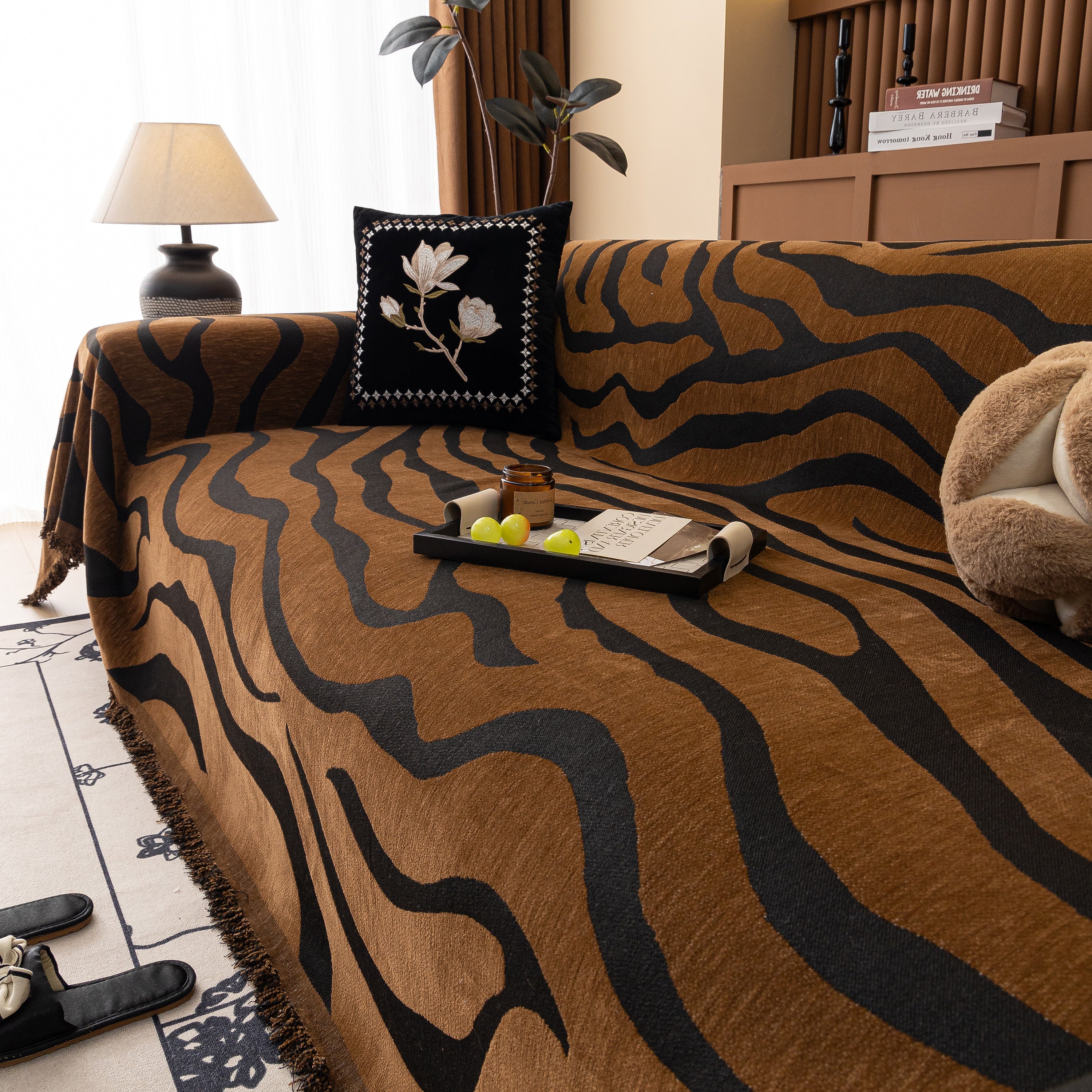 Zebra Striped Chenille Throw Sofa Cover Full-Cover Decorative Furniture Slipcover