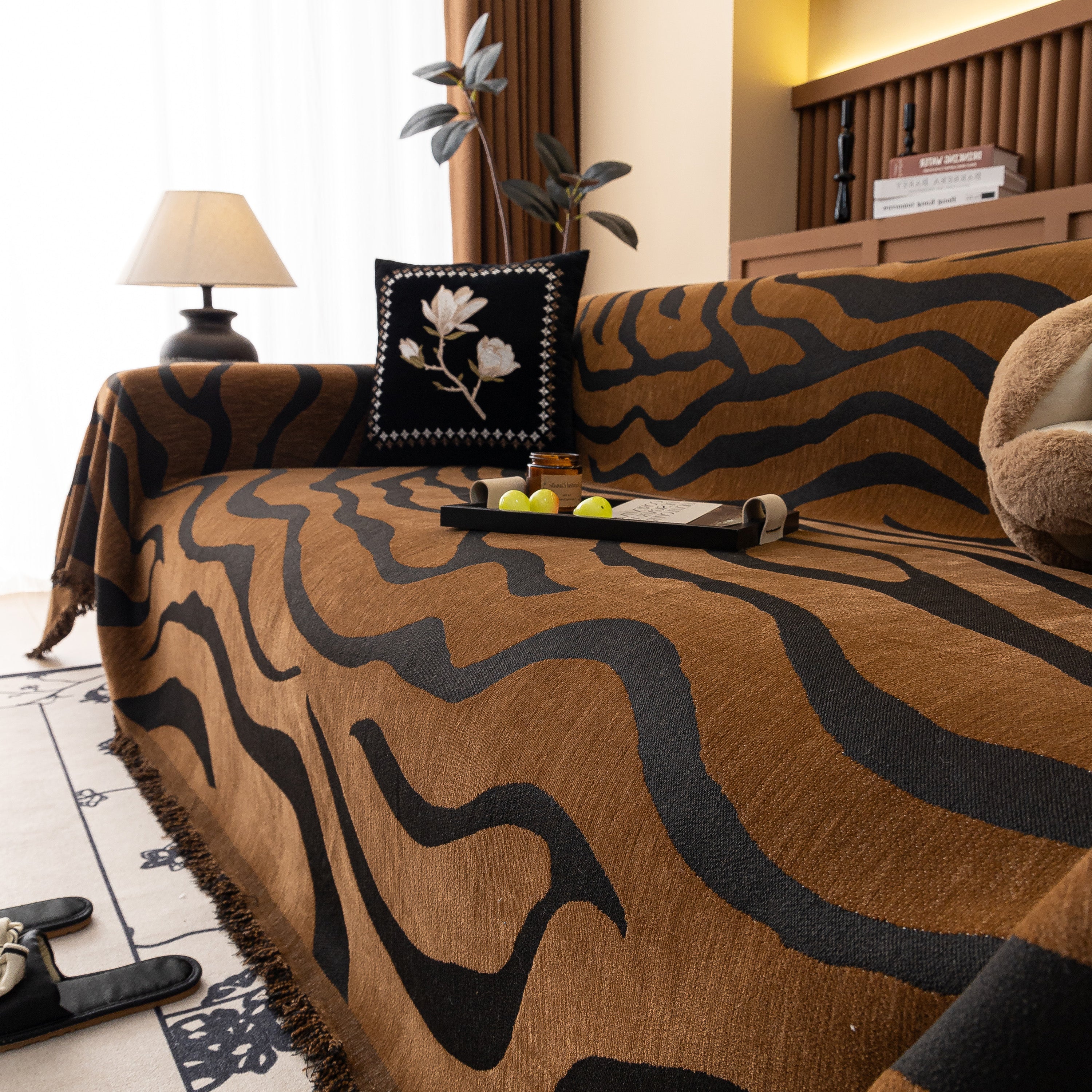 Zebra Striped Chenille Throw Sofa Cover Full-Cover Decorative Furniture Slipcover