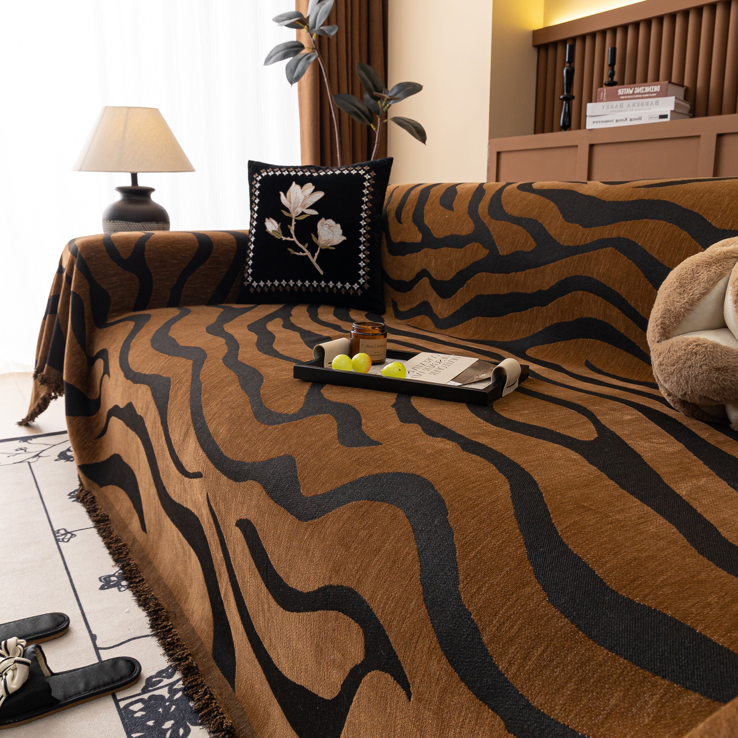 Zebra Striped Chenille Throw Sofa Cover Full-Cover Decorative Furniture Slipcover