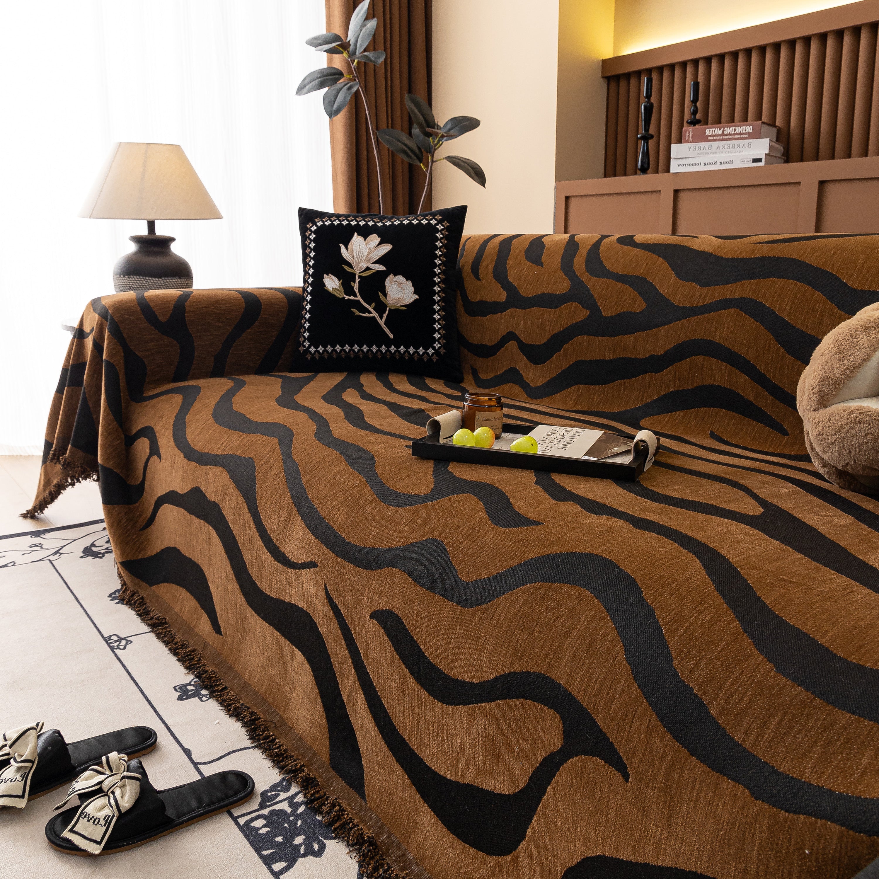 Zebra Striped Chenille Throw Sofa Cover Full-Cover Decorative Furniture Slipcover