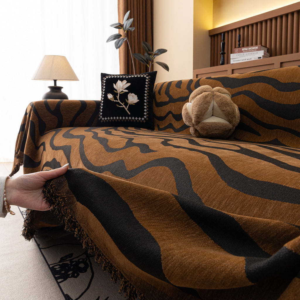 Zebra Striped Chenille Throw Sofa Cover Full-Cover Decorative Furniture Slipcover
