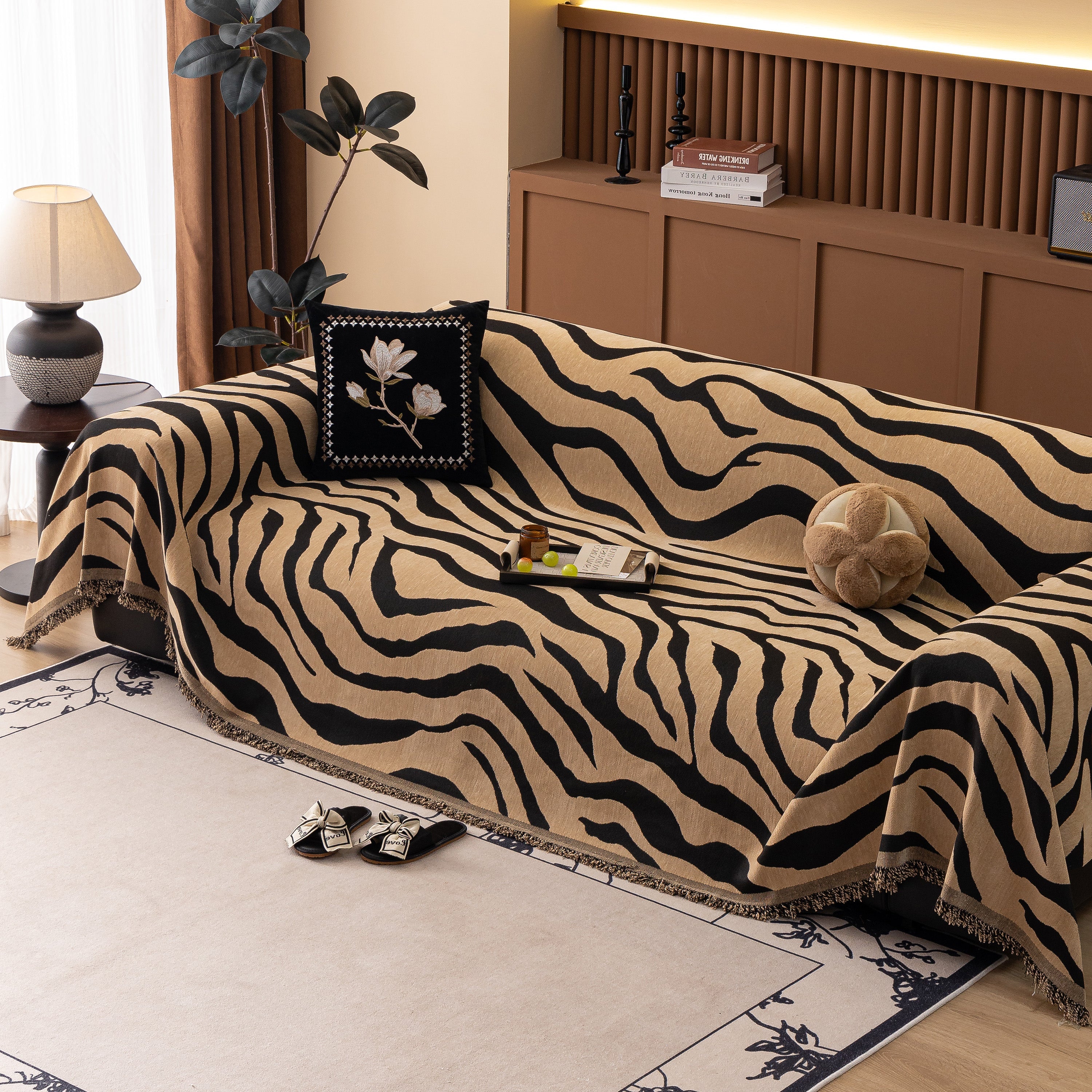 Zebra Striped Chenille Throw Sofa Cover Full-Cover Decorative Furniture Slipcover