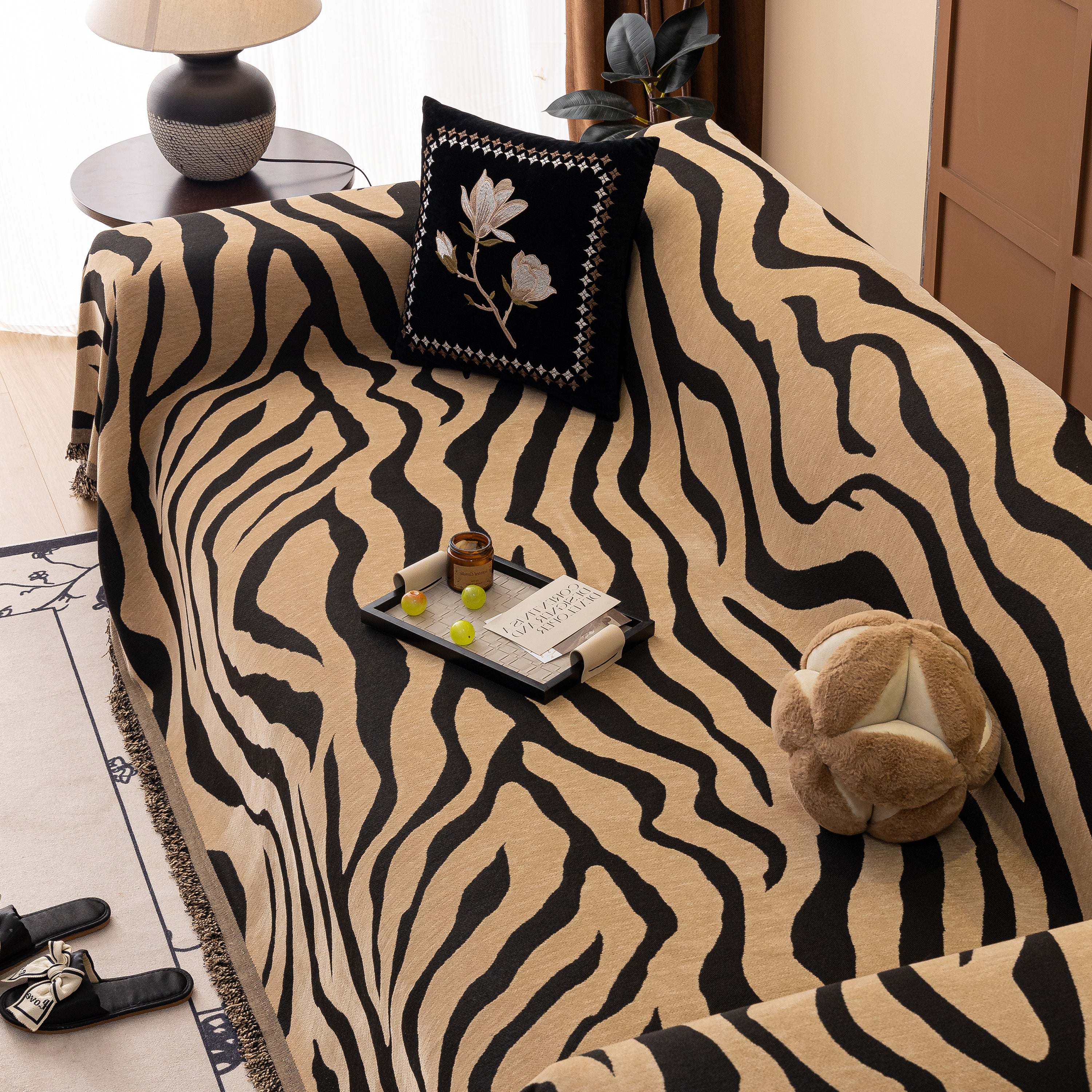 Zebra Striped Chenille Throw Sofa Cover Full-Cover Decorative Furniture Slipcover