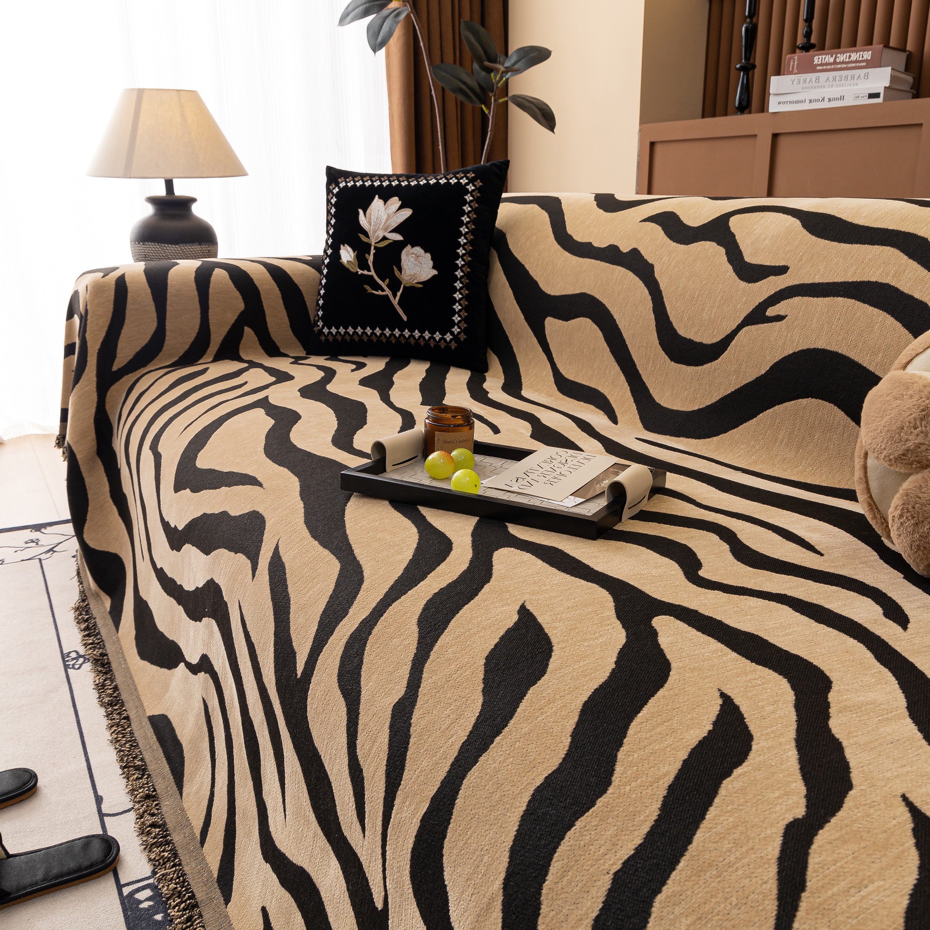 Zebra Striped Chenille Throw Sofa Cover Full-Cover Decorative Furniture Slipcover