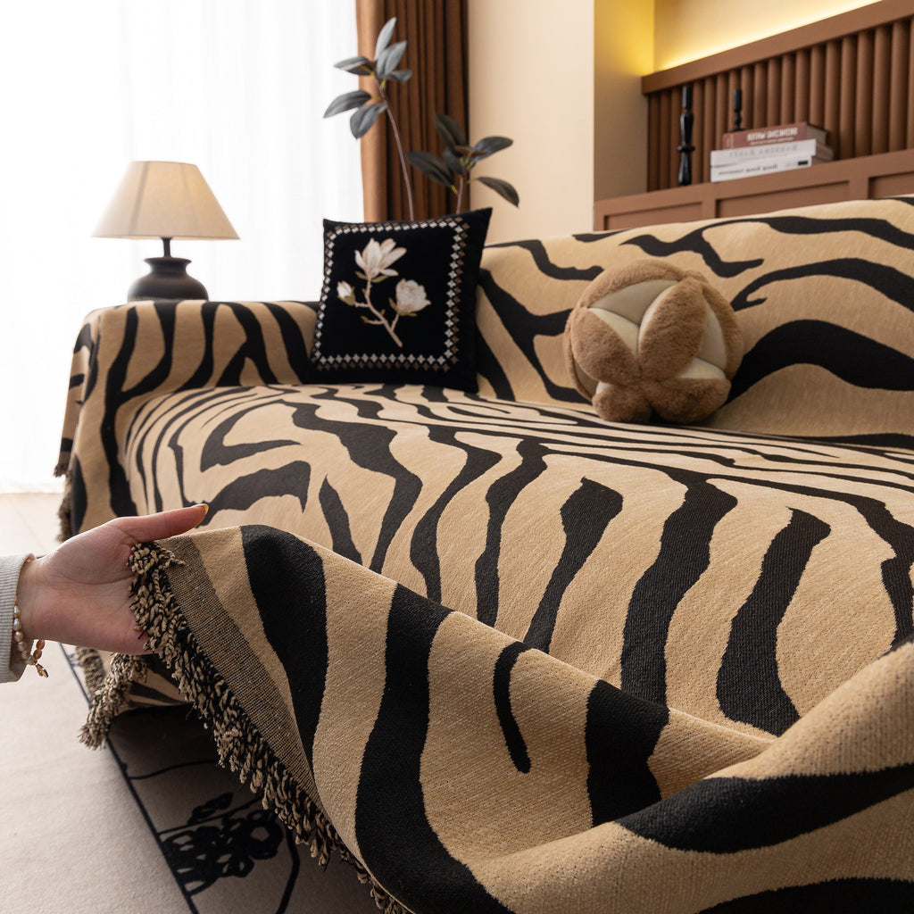 Zebra Striped Chenille Throw Sofa Cover Full-Cover Decorative Furniture Slipcover