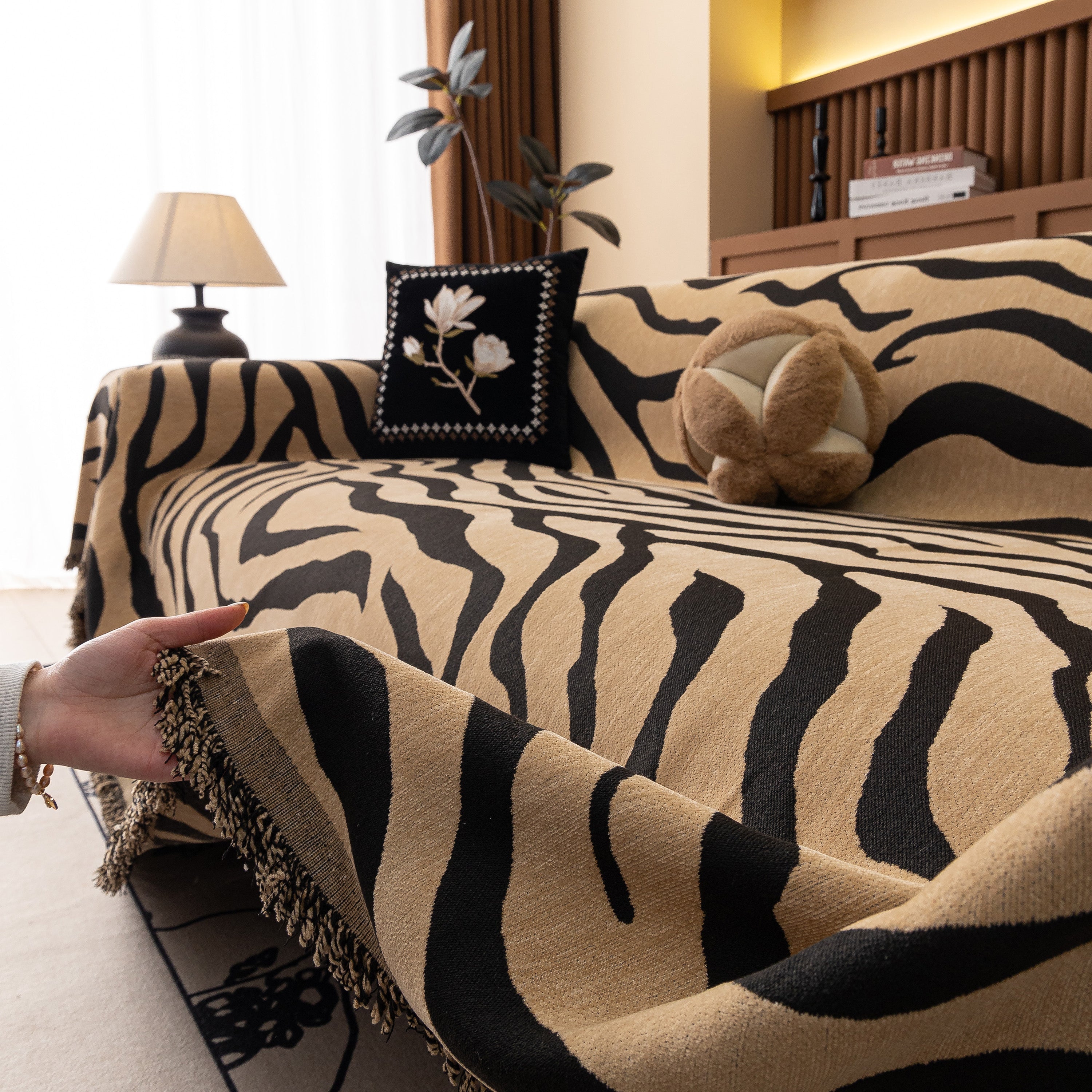 Zebra Striped Chenille Throw Sofa Cover Full-Cover Decorative Furniture Slipcover
