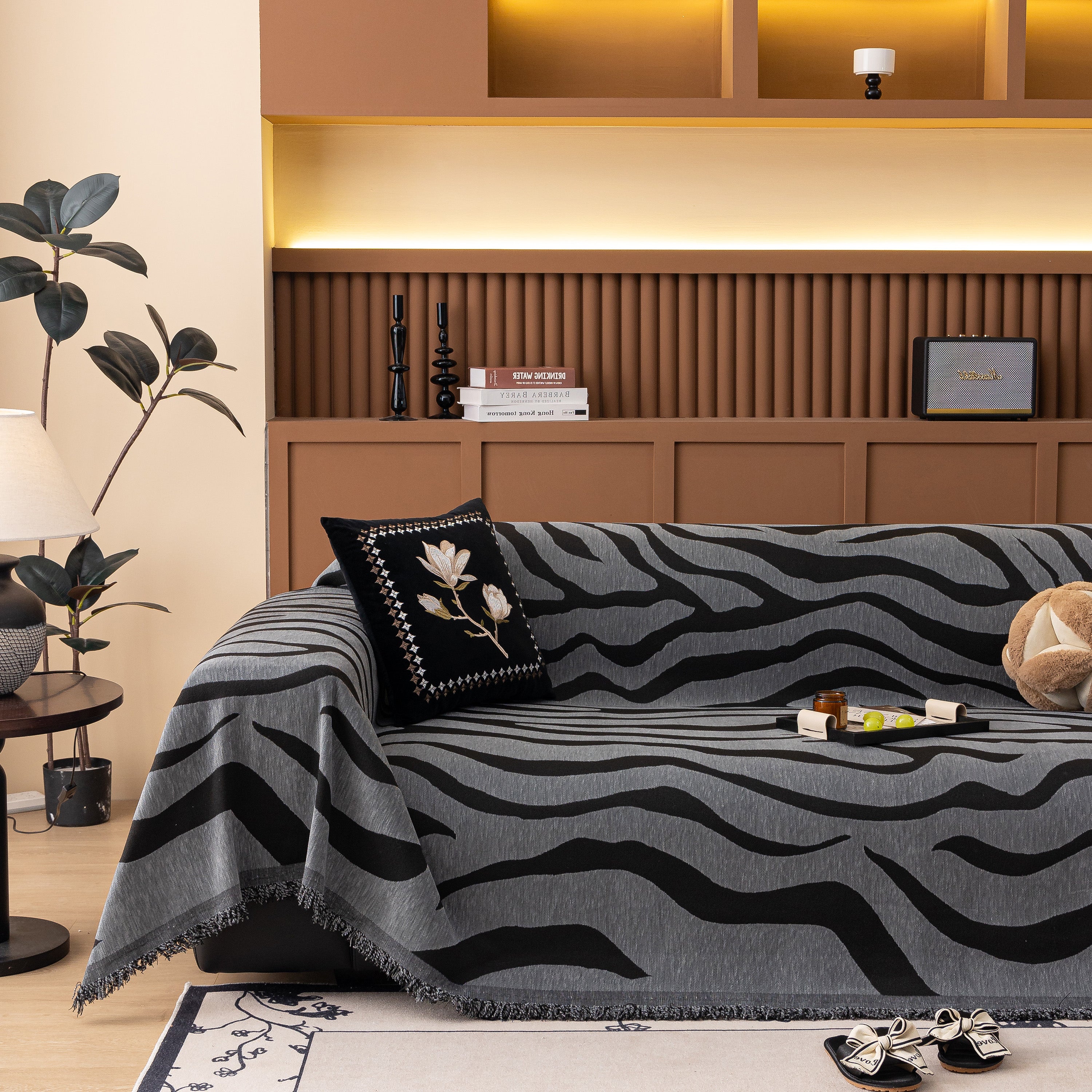 Zebra Striped Chenille Throw Sofa Cover Full-Cover Decorative Furniture Slipcover