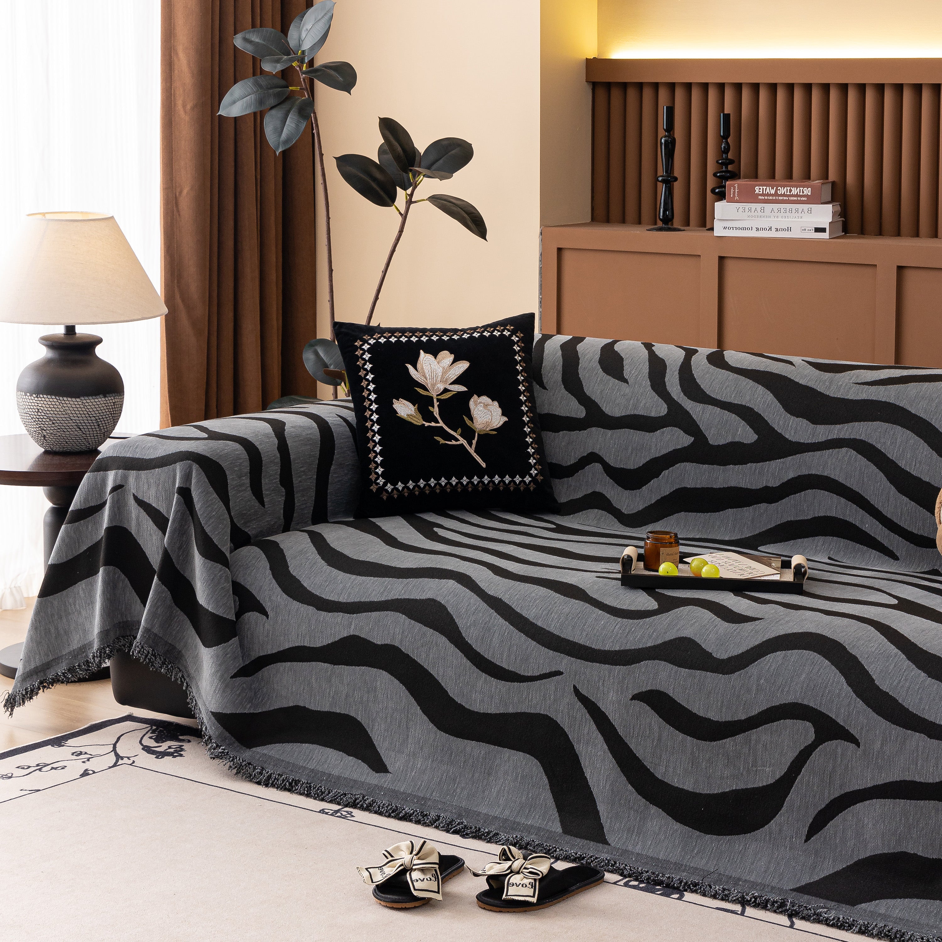 Zebra Striped Chenille Throw Sofa Cover Full-Cover Decorative Furniture Slipcover