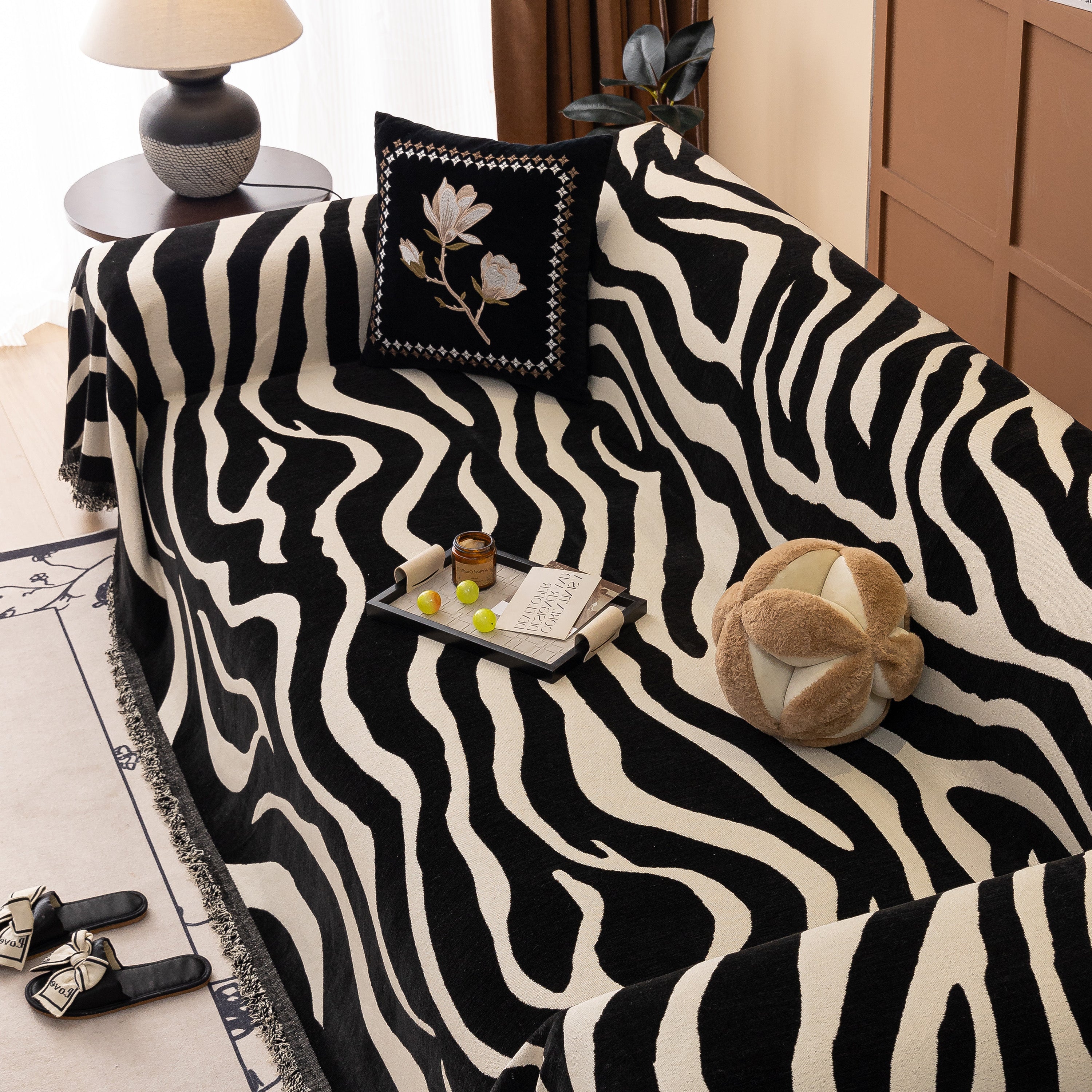 Zebra Striped Chenille Throw Sofa Cover Full-Cover Decorative Furniture Slipcover