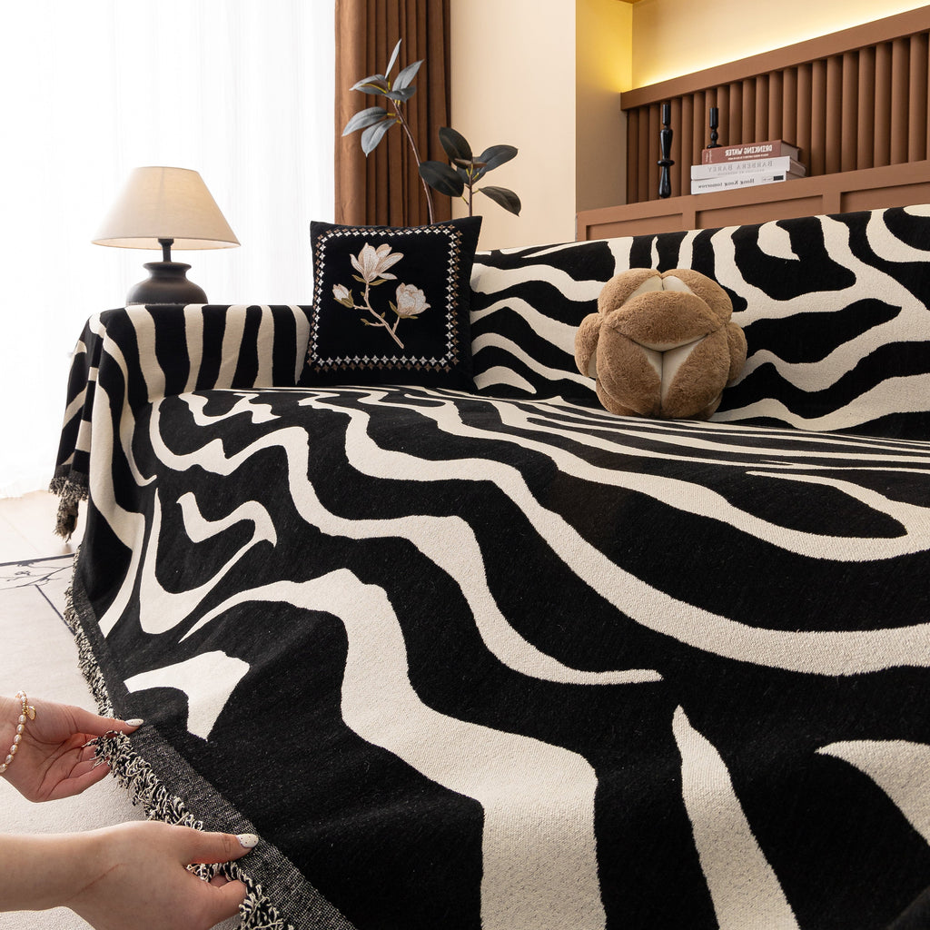 Zebra Striped Chenille Throw Sofa Cover Full-Cover Decorative Furniture Slipcover