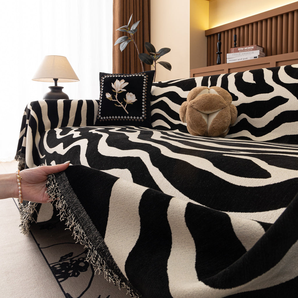 Zebra Striped Chenille Throw Sofa Cover Full-Cover Decorative Furniture Slipcover