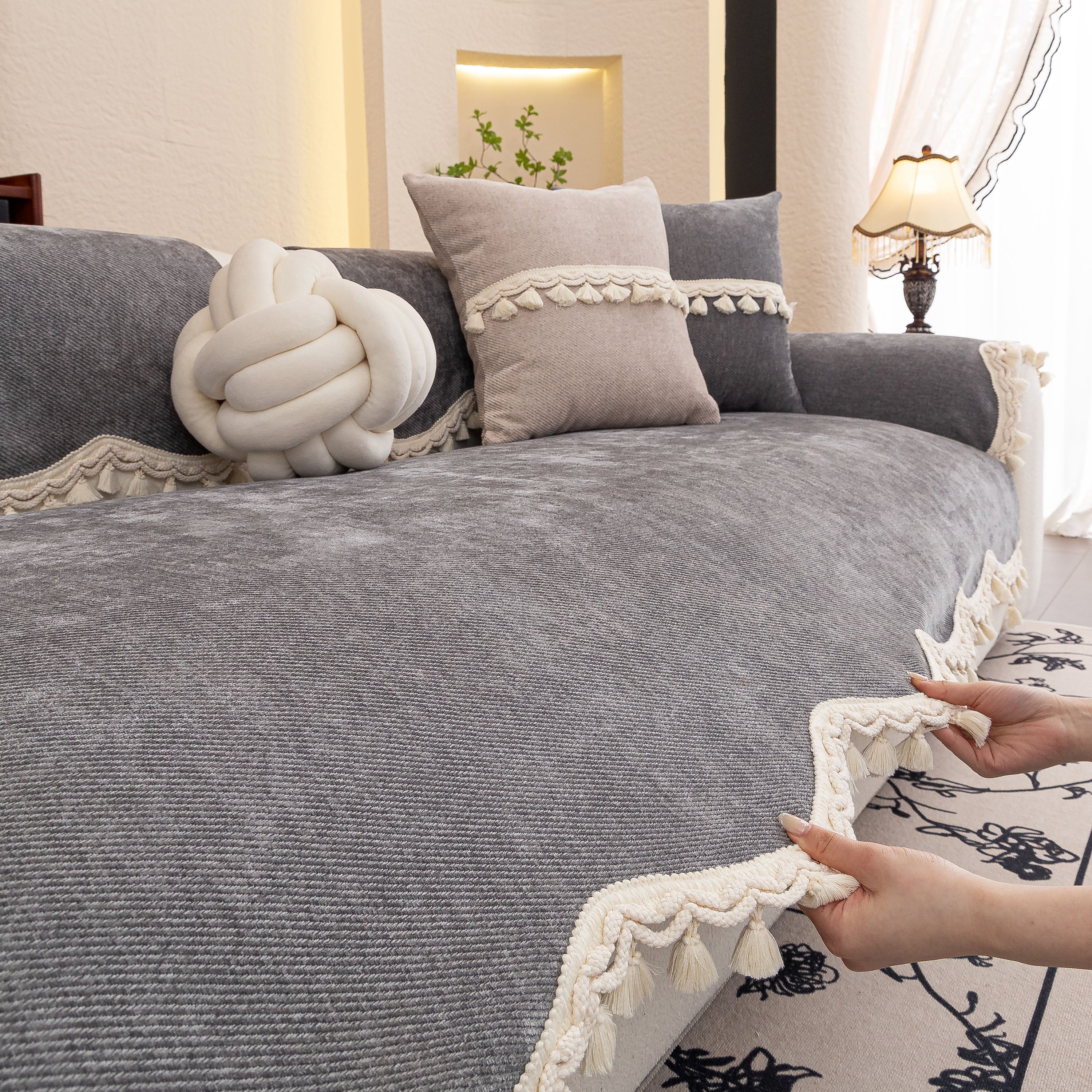 Chenille Sofa Cover Towel – Non-Slip, Washable Pets Couch Protector with Tassels