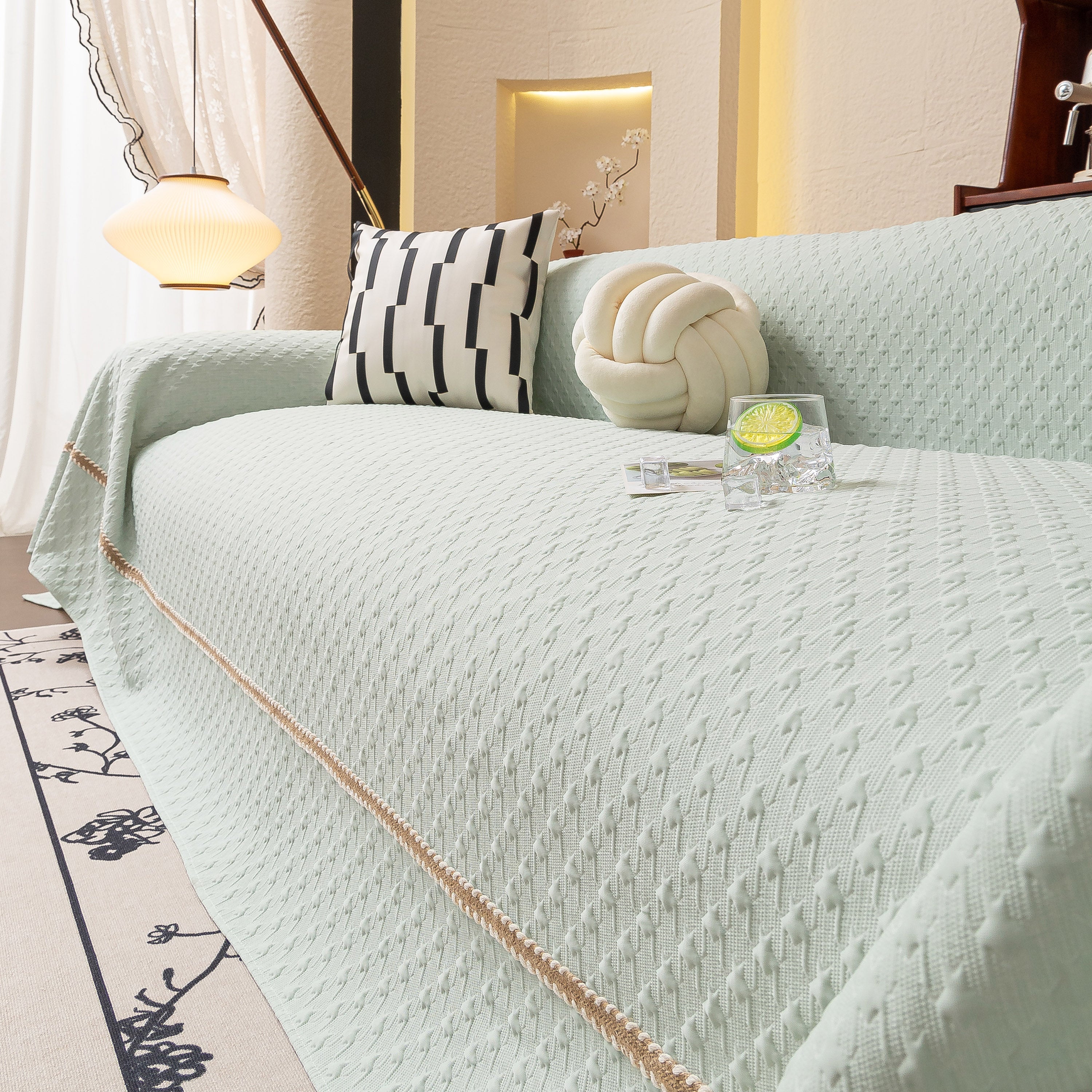 Jacquard Ice Silk Sofa Throw Cover with Gold Trim, Summer Cooling Couch Slipcover