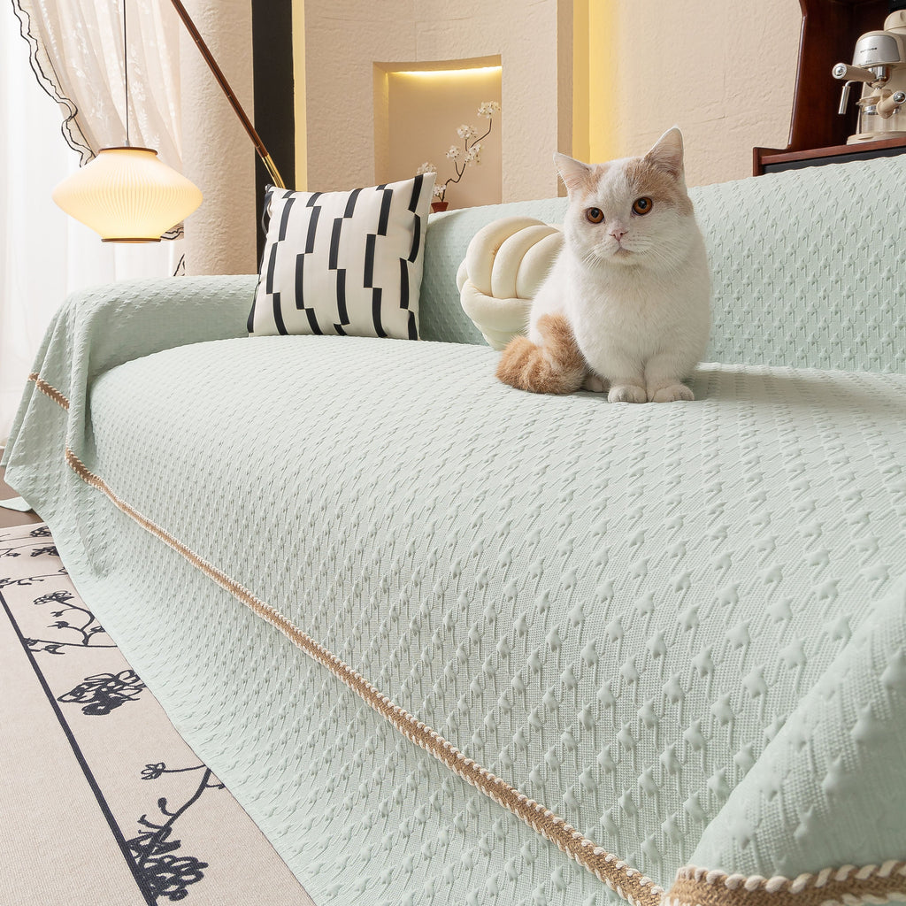 Jacquard Ice Silk Sofa Throw Cover with Gold Trim, Summer Cooling Couch Slipcover