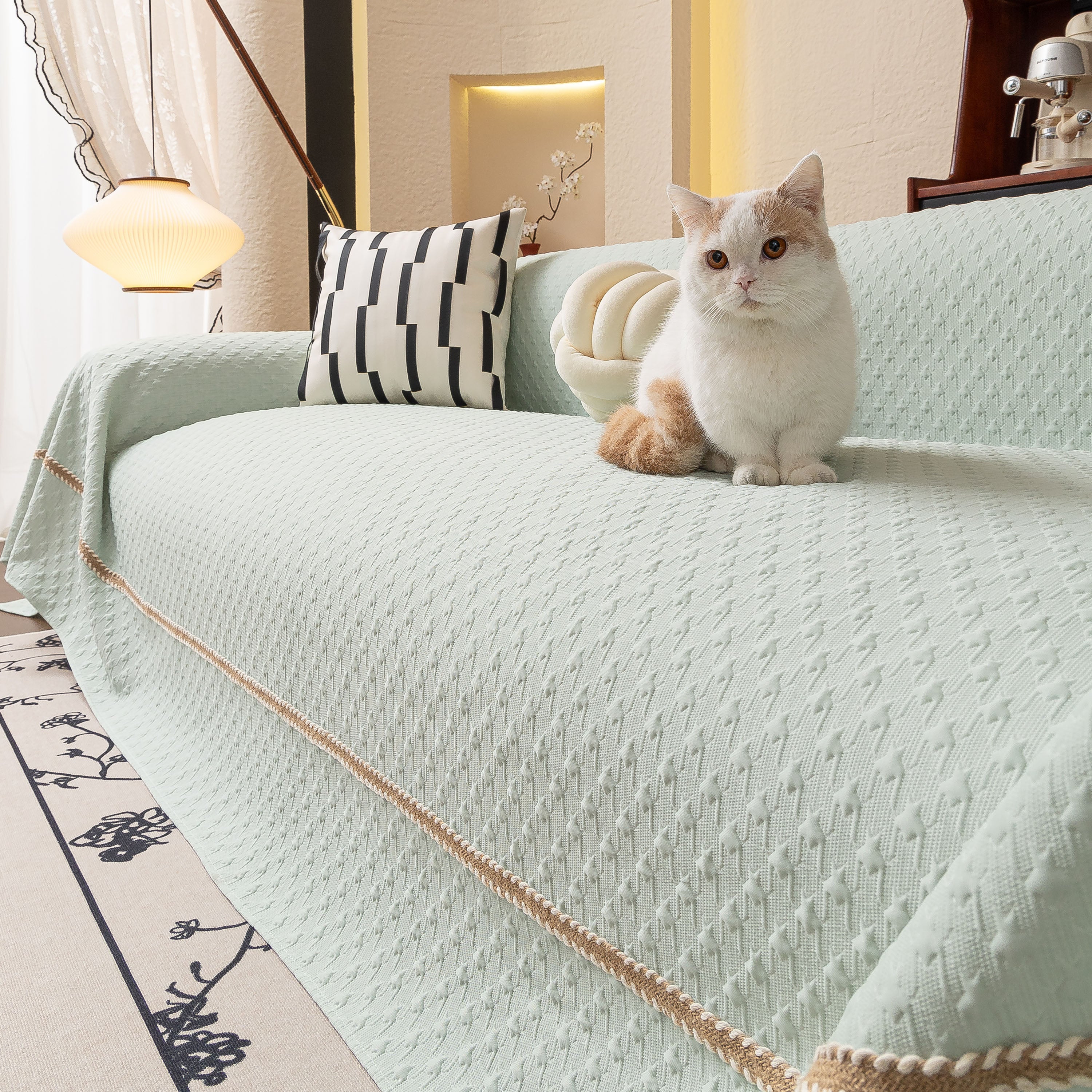 Jacquard Ice Silk Sofa Throw Cover with Gold Trim, Summer Cooling Couch Slipcover