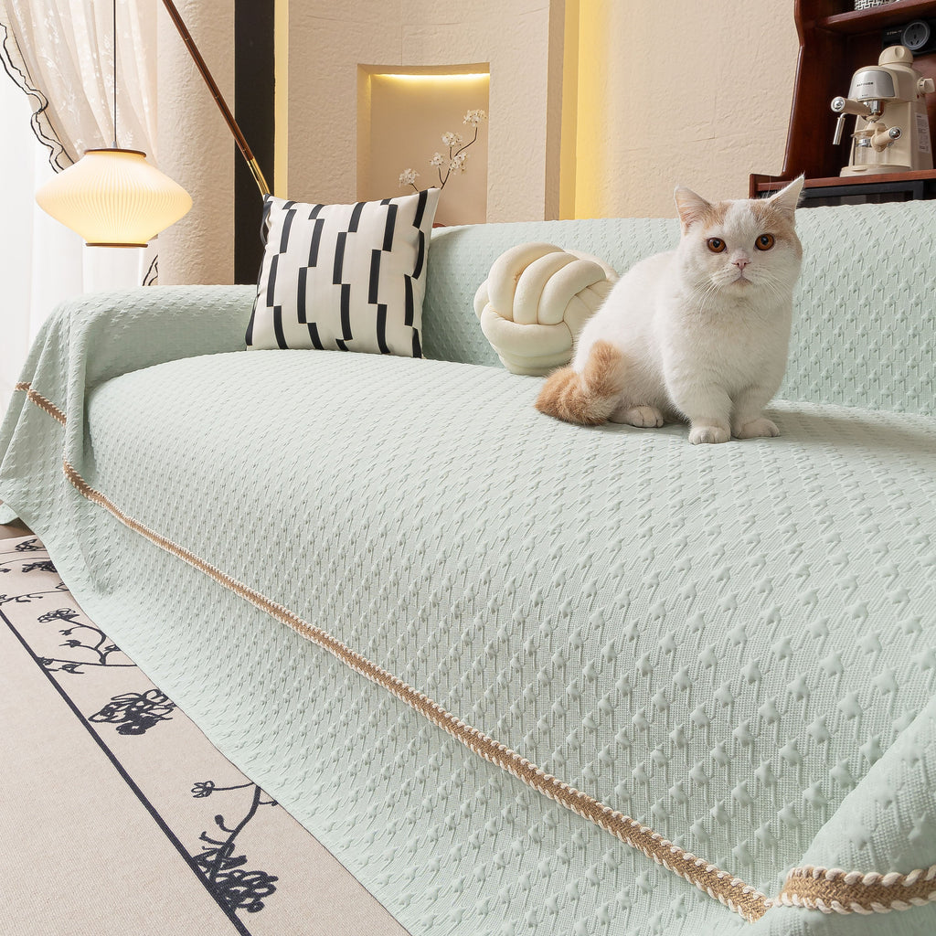 Jacquard Ice Silk Sofa Throw Cover with Gold Trim, Summer Cooling Couch Slipcover