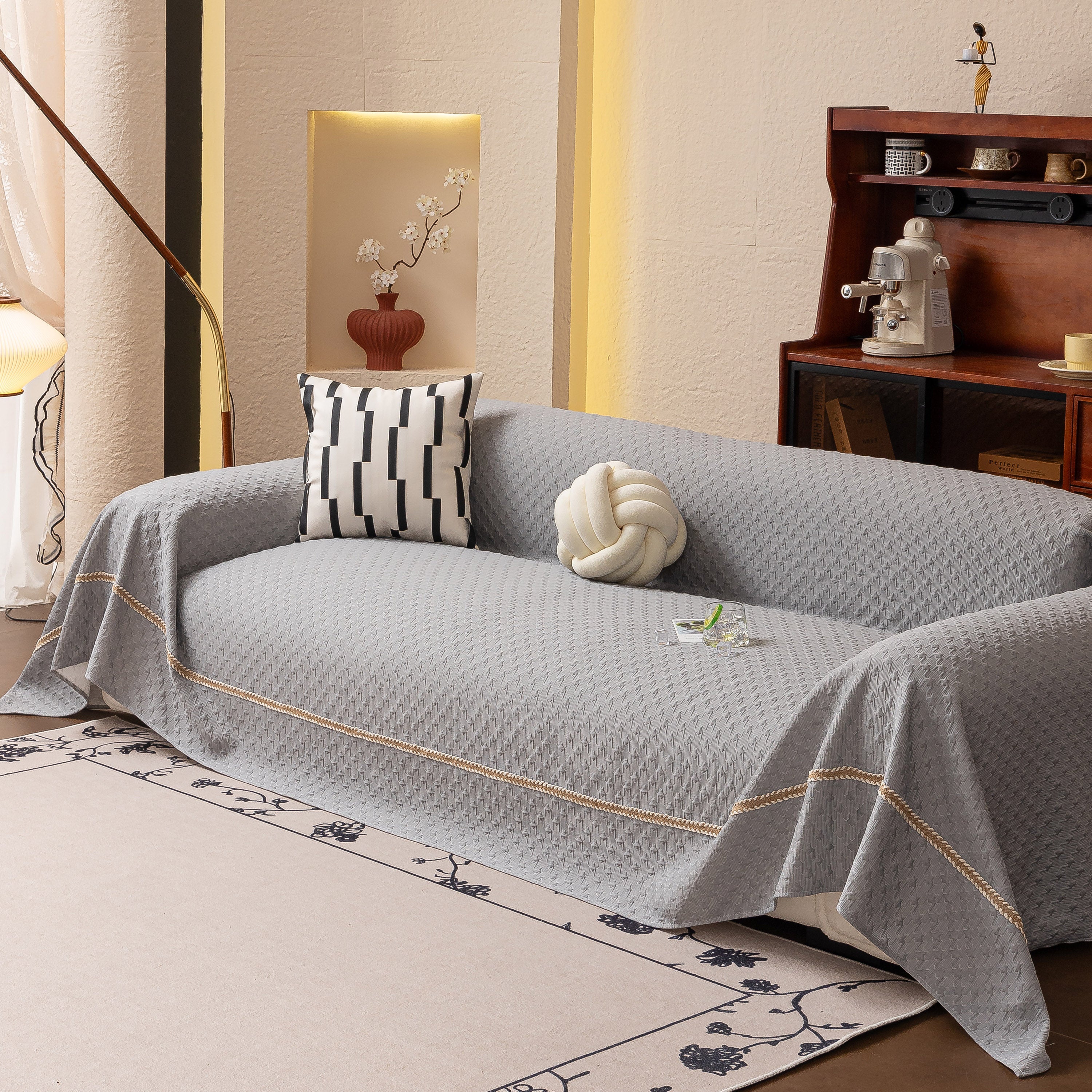 Jacquard Ice Silk Sofa Throw Cover with Gold Trim, Summer Cooling Couch Slipcover