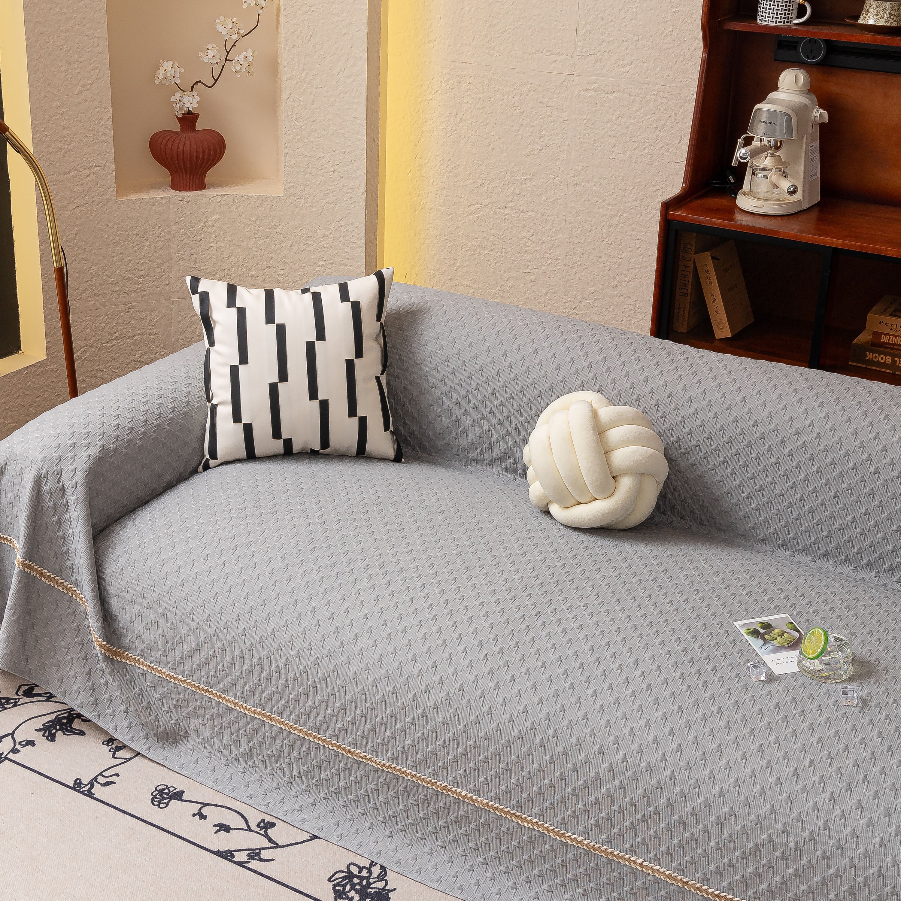 Jacquard Ice Silk Sofa Throw Cover with Gold Trim, Summer Cooling Couch Slipcover