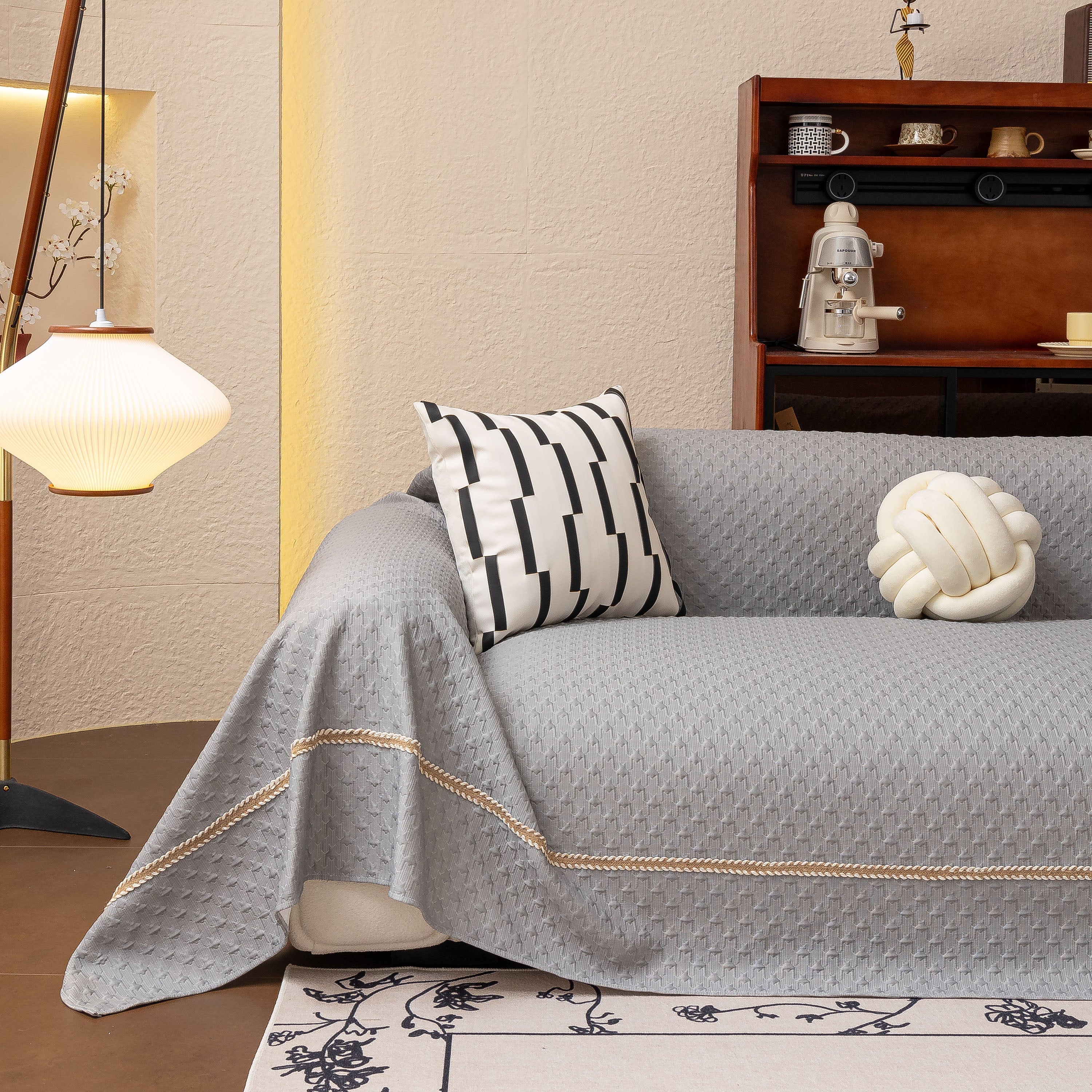 Jacquard Ice Silk Sofa Throw Cover with Gold Trim, Summer Cooling Couch Slipcover