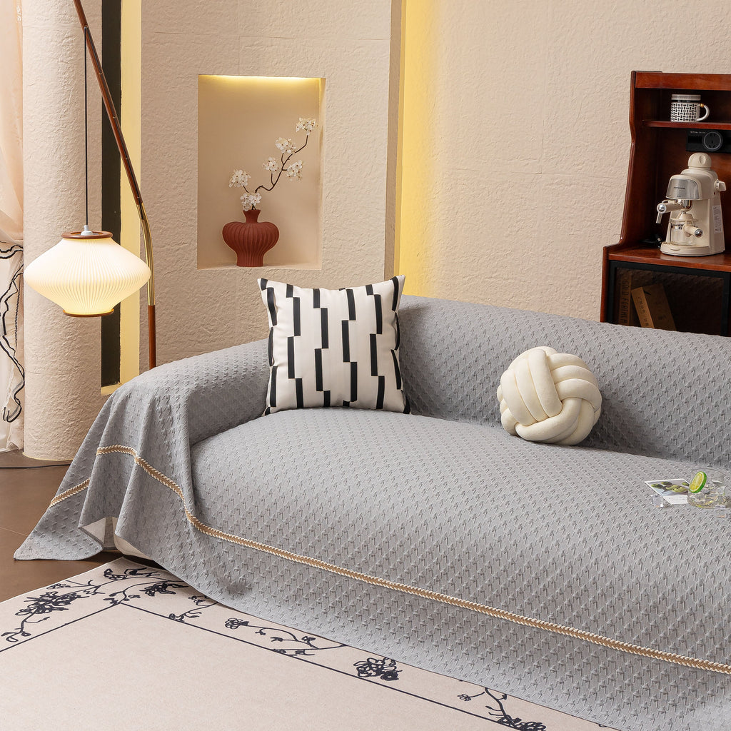 Jacquard Ice Silk Sofa Throw Cover with Gold Trim, Summer Cooling Couch Slipcover