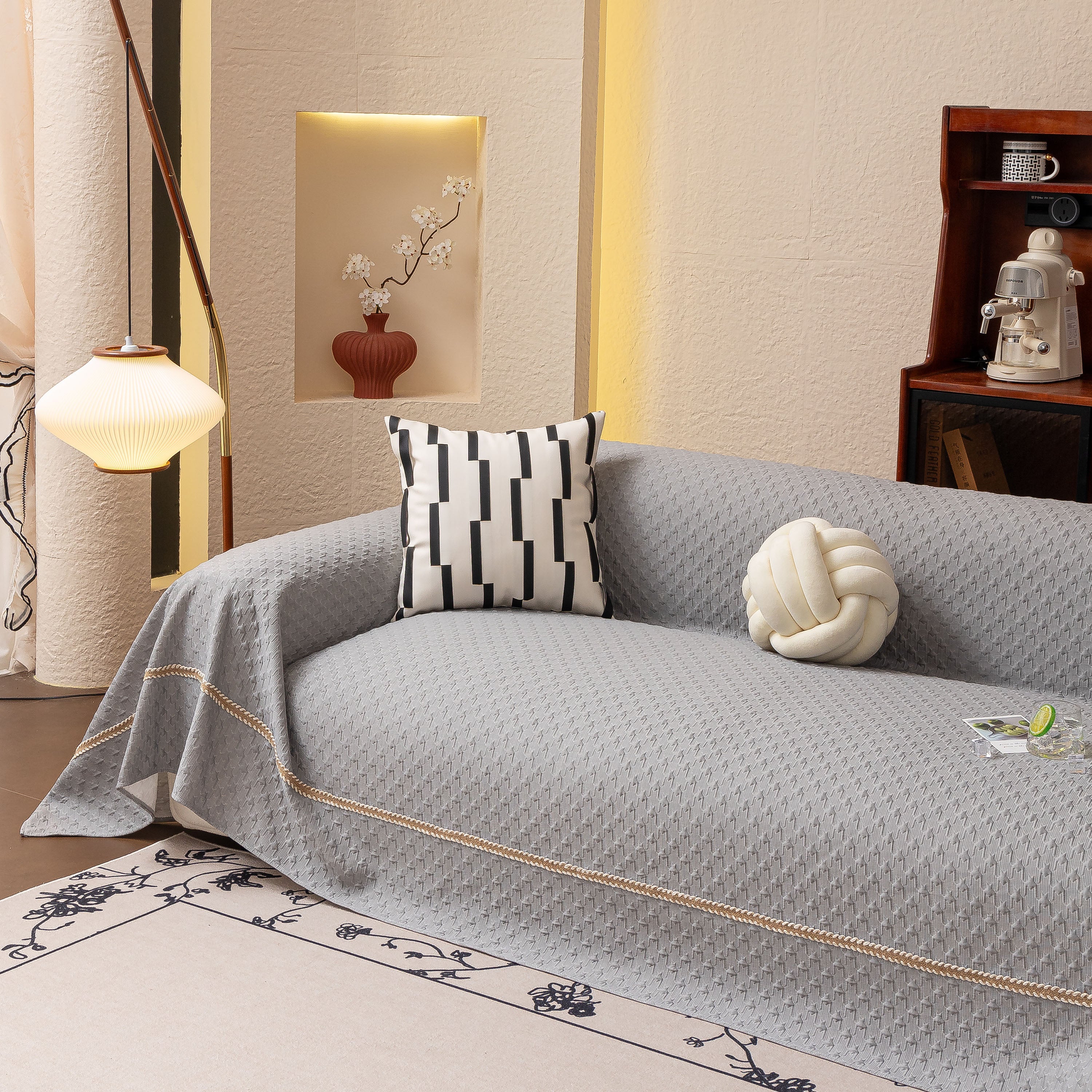 Jacquard Ice Silk Sofa Throw Cover with Gold Trim, Summer Cooling Couch Slipcover