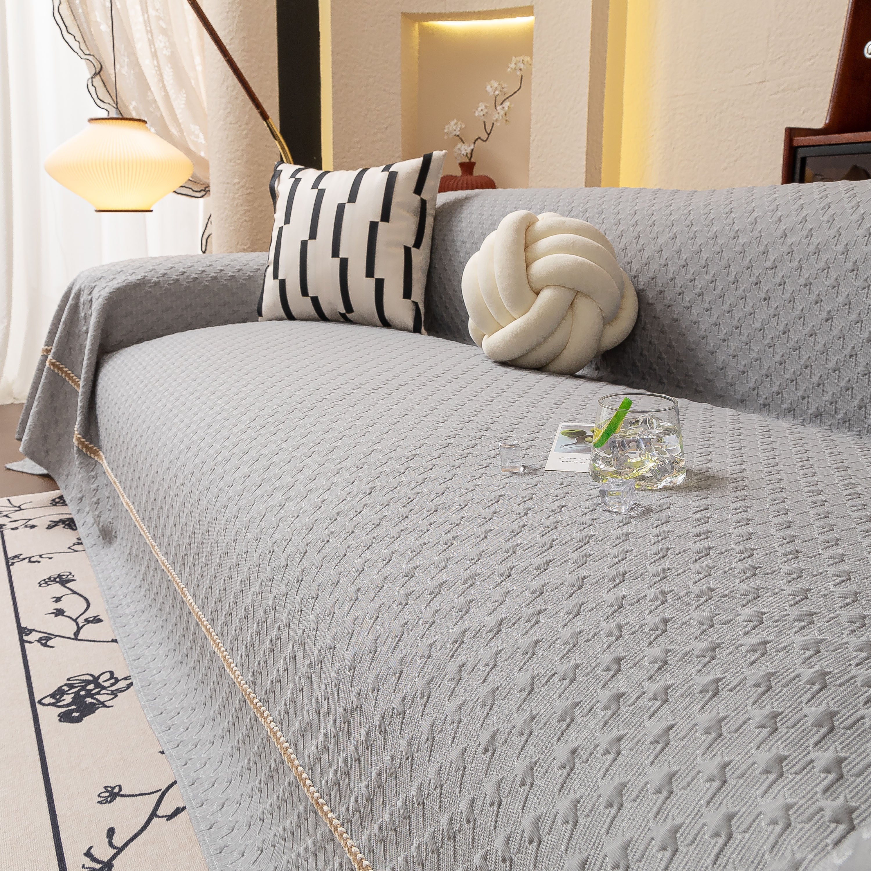 Jacquard Ice Silk Sofa Throw Cover with Gold Trim, Summer Cooling Couch Slipcover